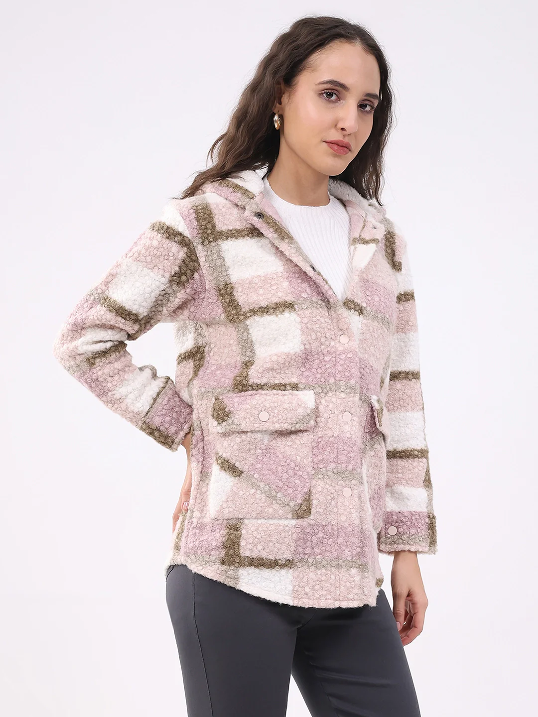 Pink Wool Blend Checked Hooded Jacket - Image 6