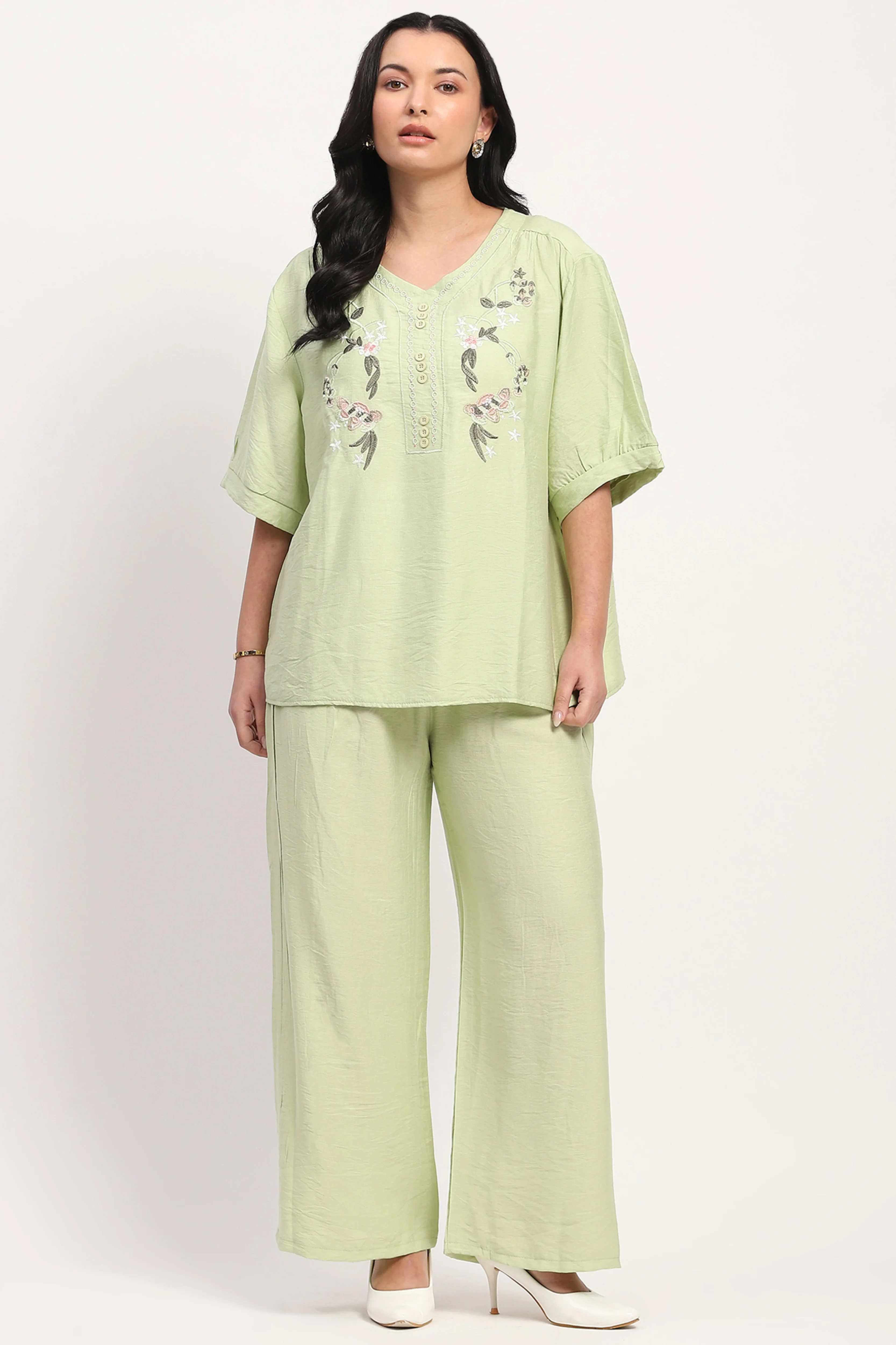 Pista Green Floral Embroidered Loungwear Set - Image 8