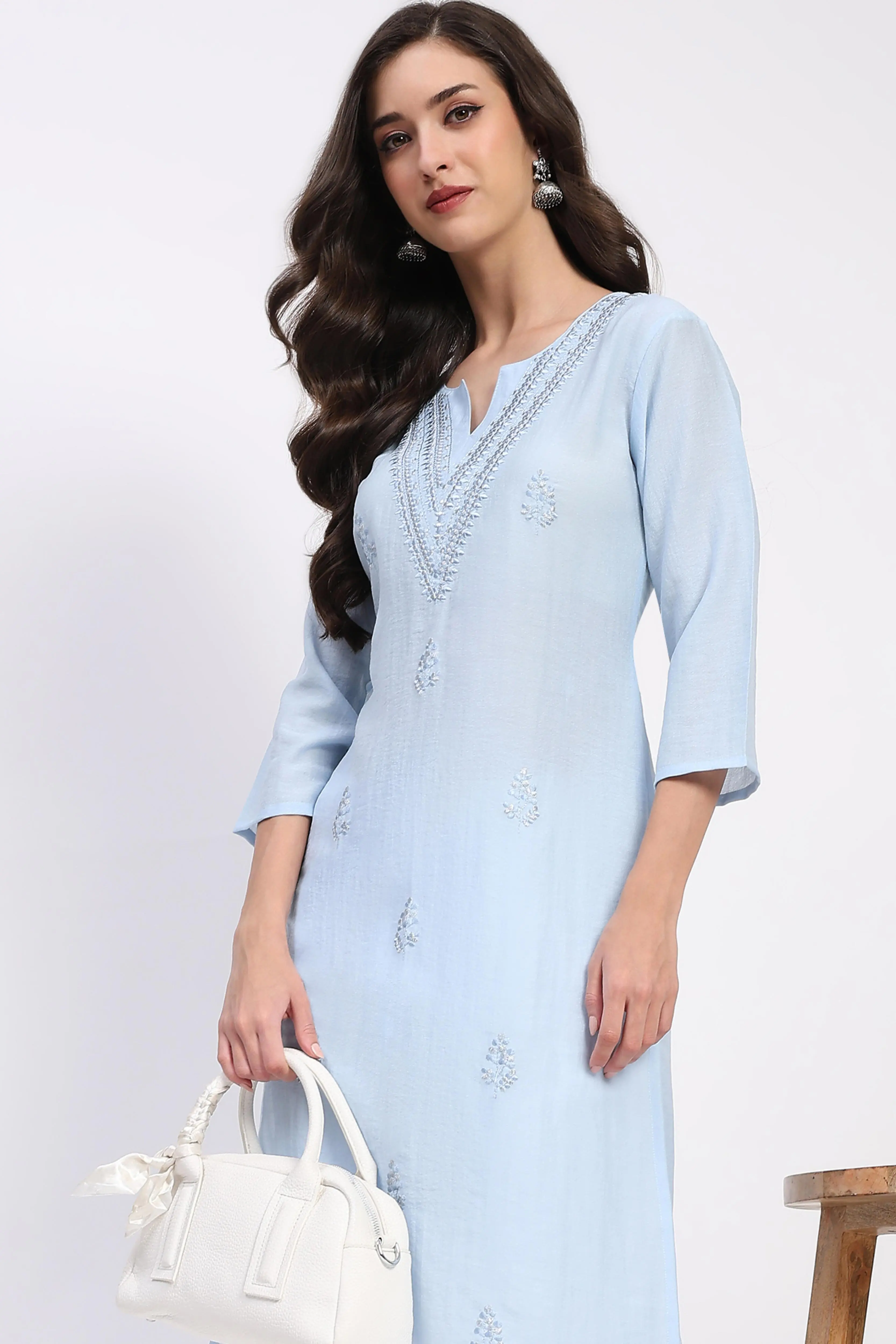 Blue Linen Blend Embroidered Kurta - Image 7