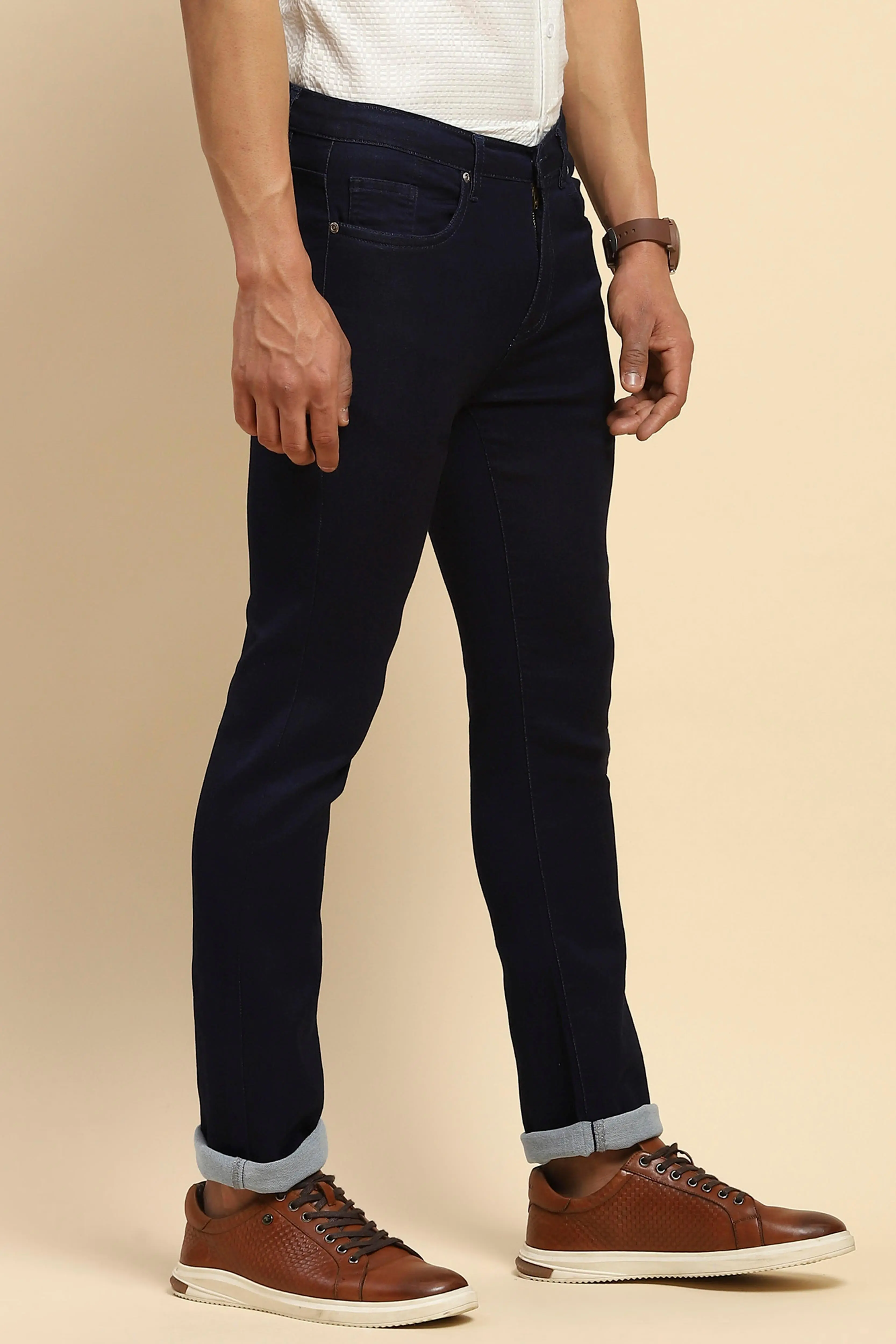 Blue Straight Fit Cotton Blend Jeans - Image 3
