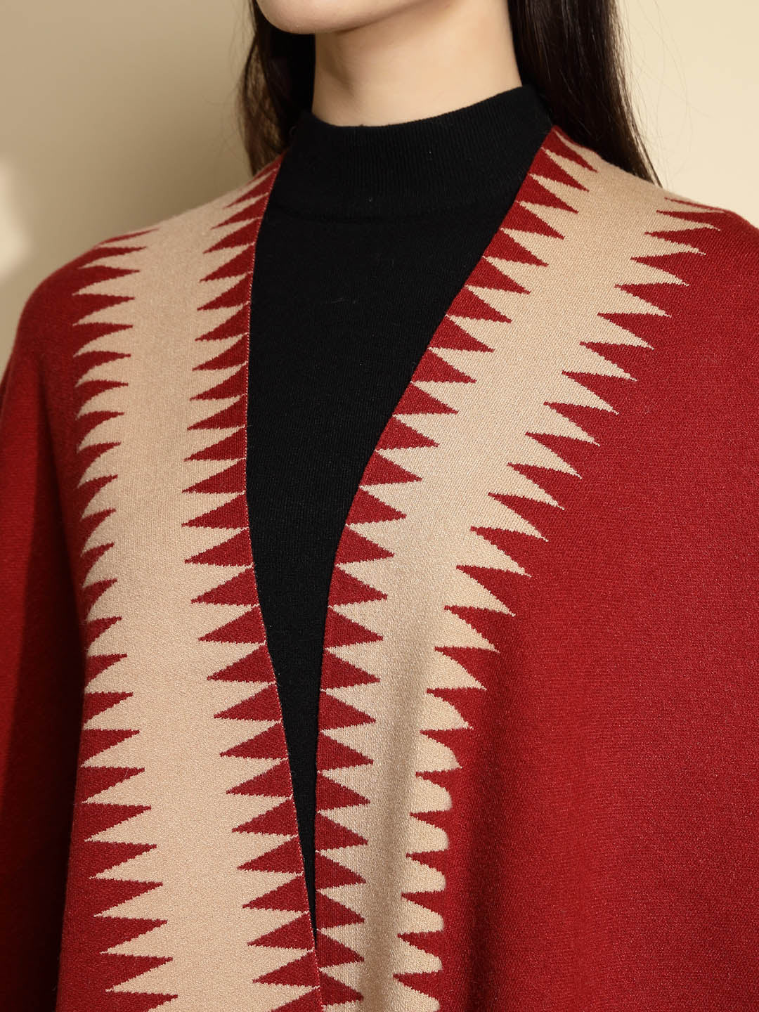 Maroon Abstract Print Winter Shrug - Image 5