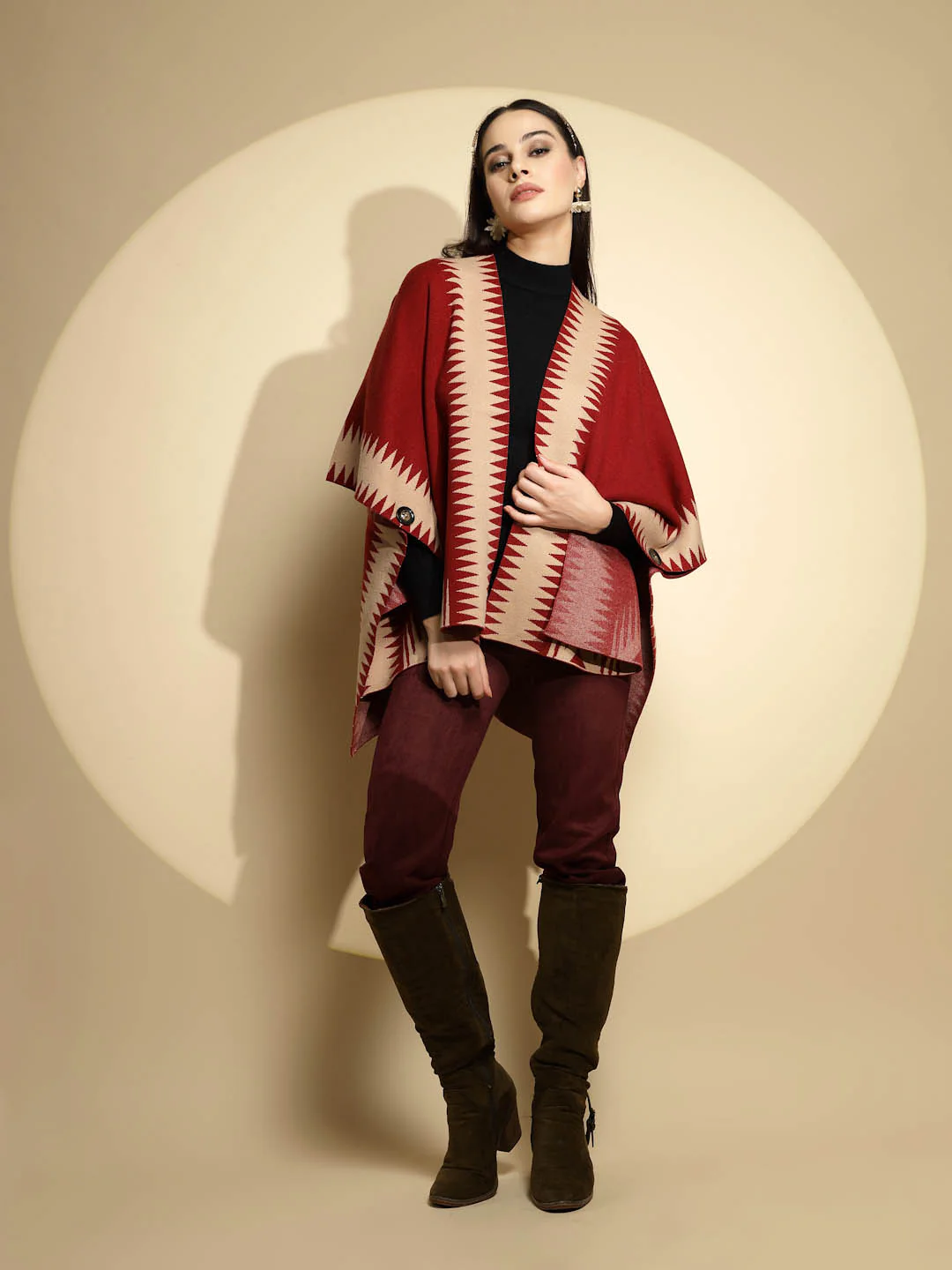 Maroon Abstract Print Winter Shrug - Image 6