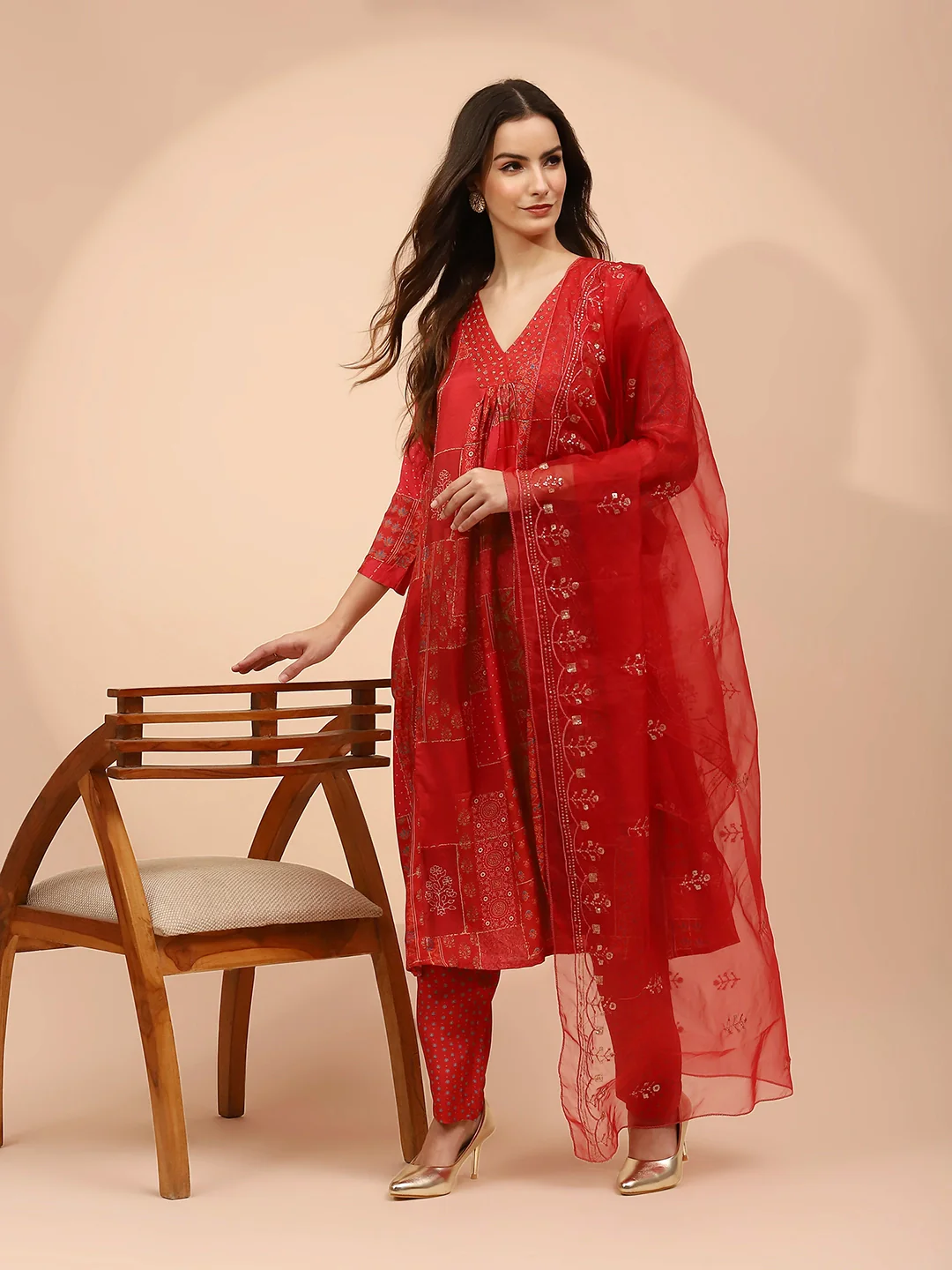 Red Muslin Printed Embellished Suit Set - Image 16