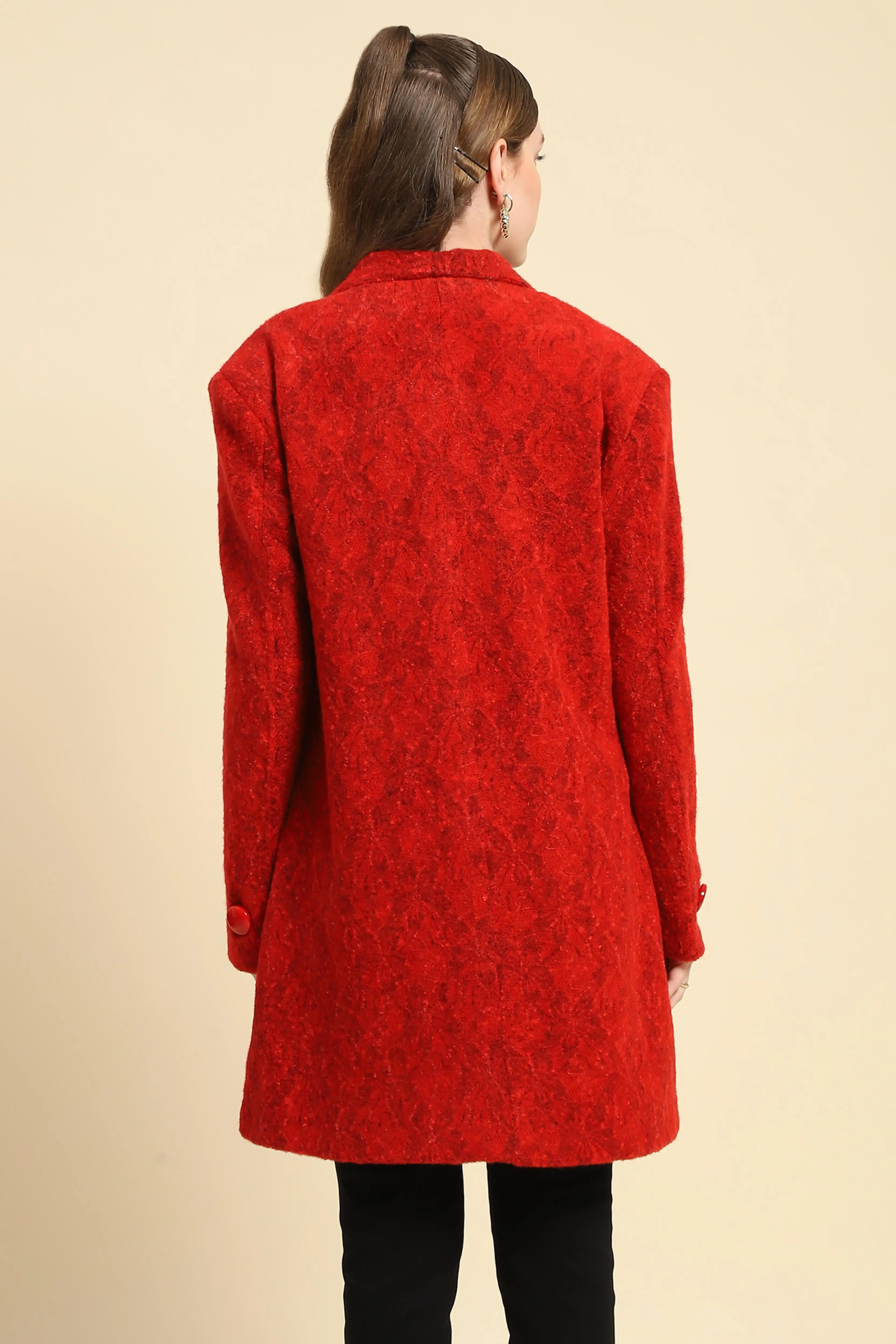 Red Self Design Acrylic Coat - Image 4