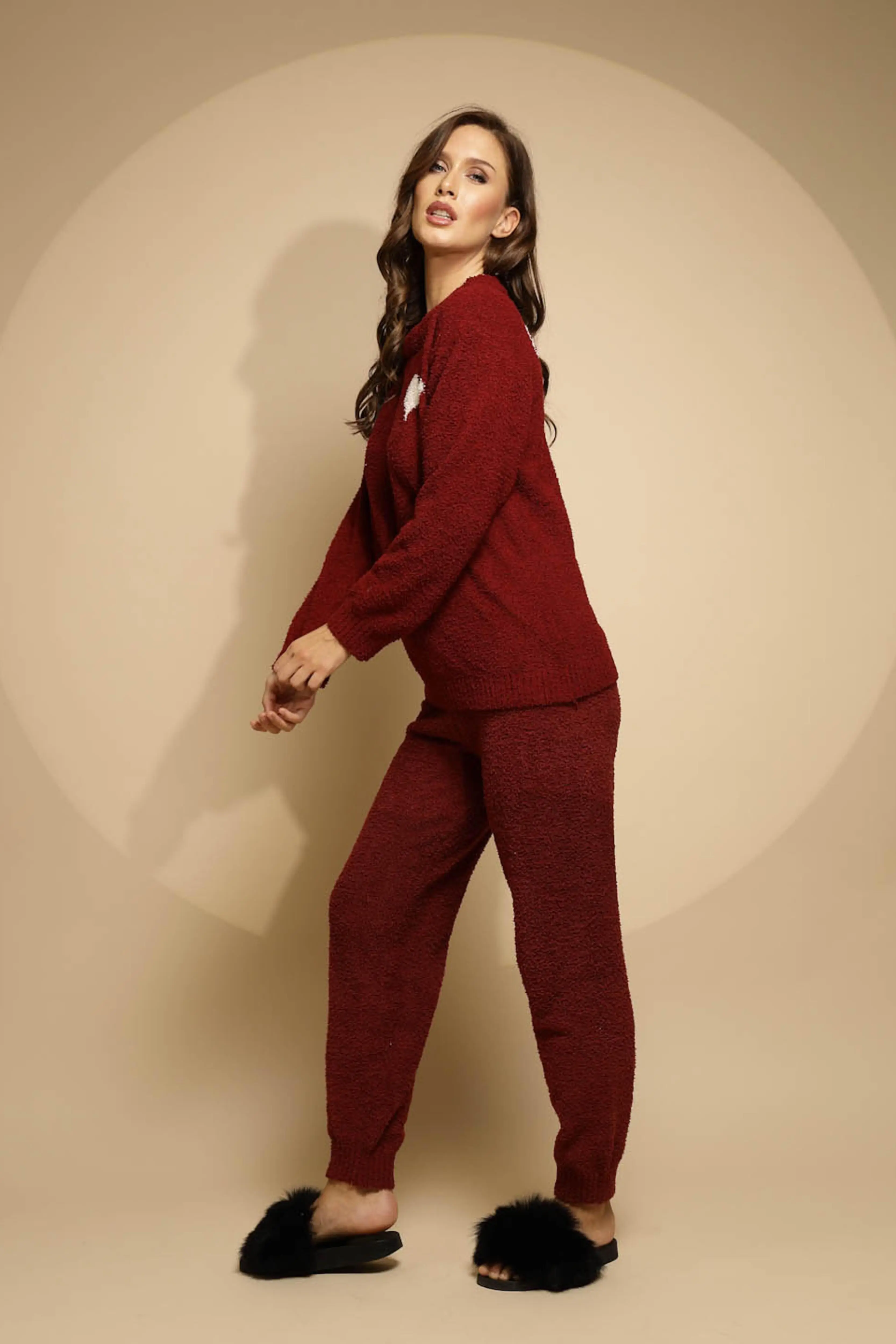Red Solid Full Sleeve Round Neck Night Suit - Image 2