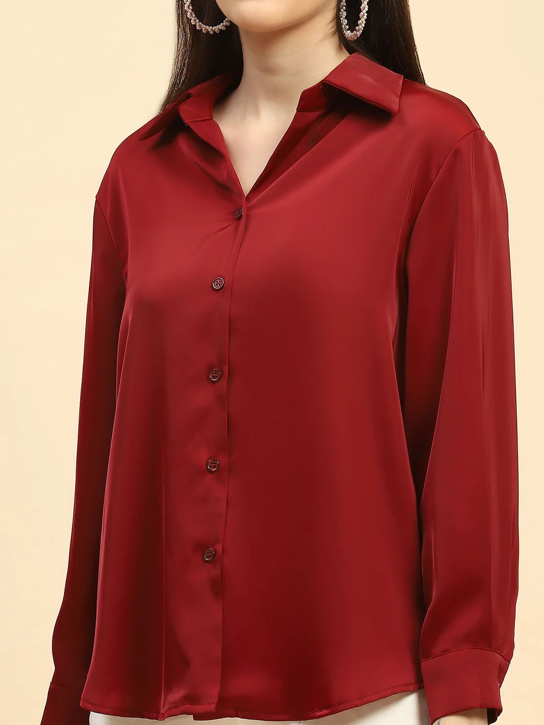 Red Solid Satin Relaxed Fit Shirt - Image 5