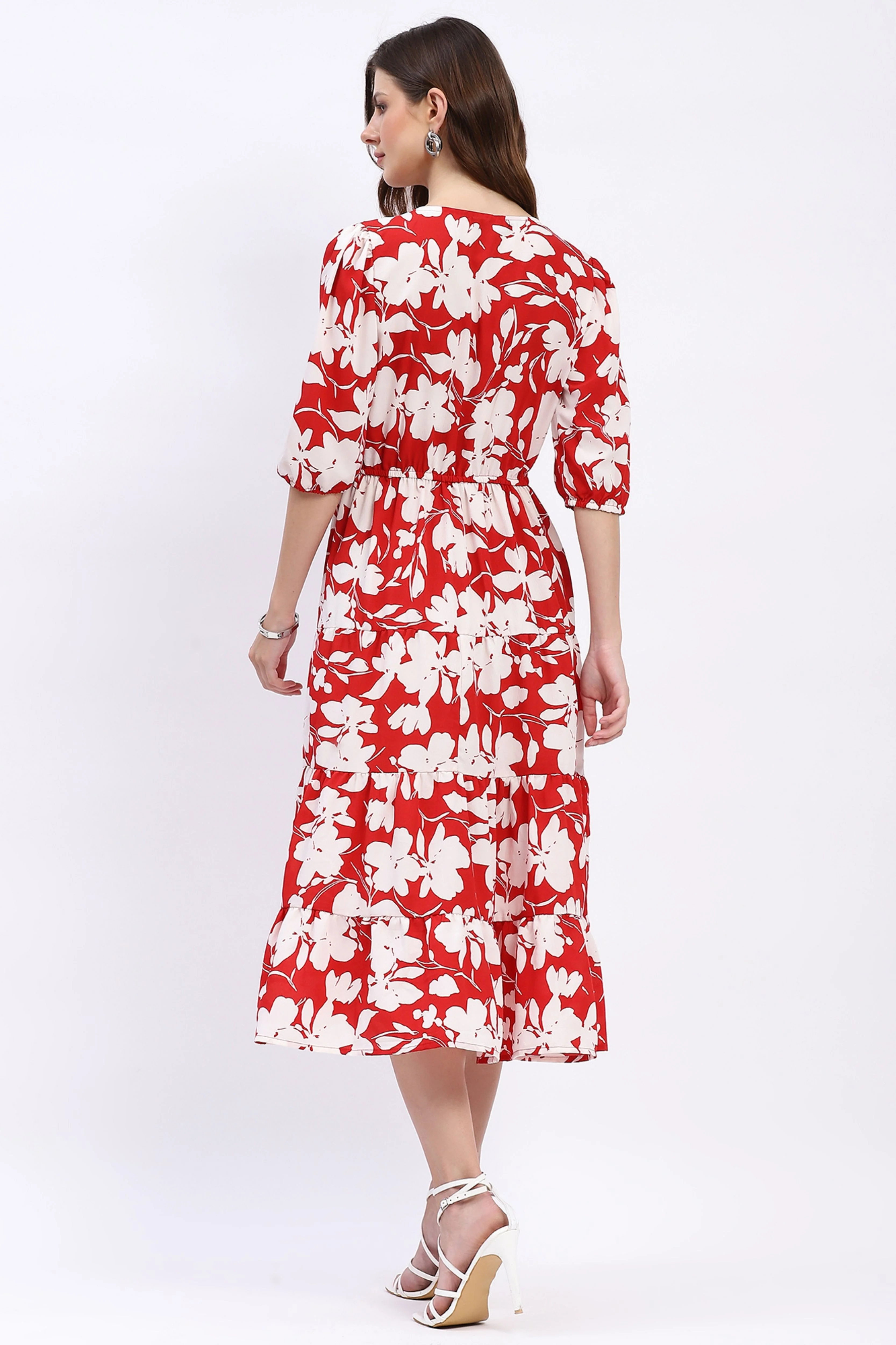 Red & White Floral Tiered Flared Dress - Image 5