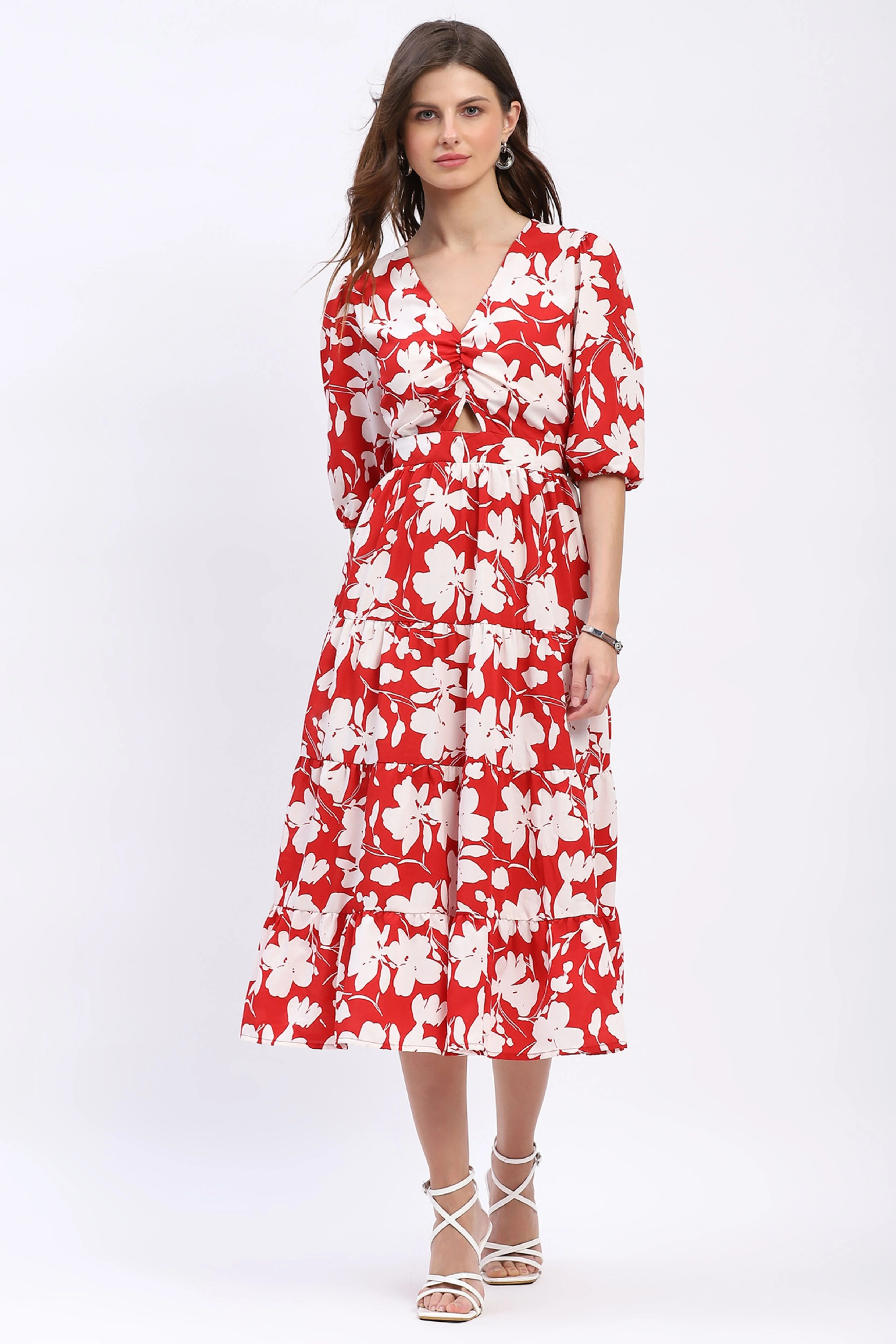 Red & White Floral Tiered Flared Dress - Image 6