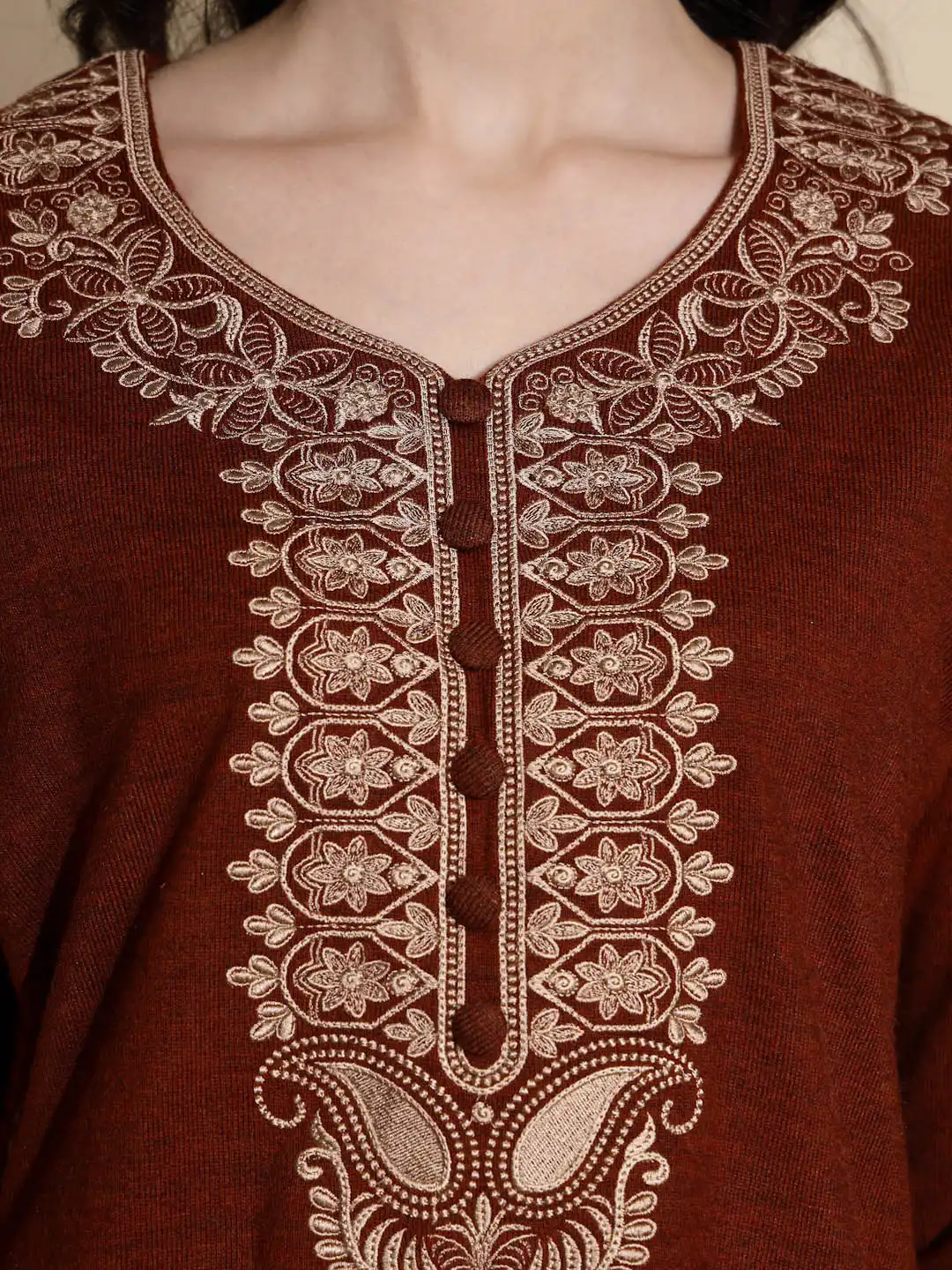 Rust Embroidered Woolen Kurta - Image 6