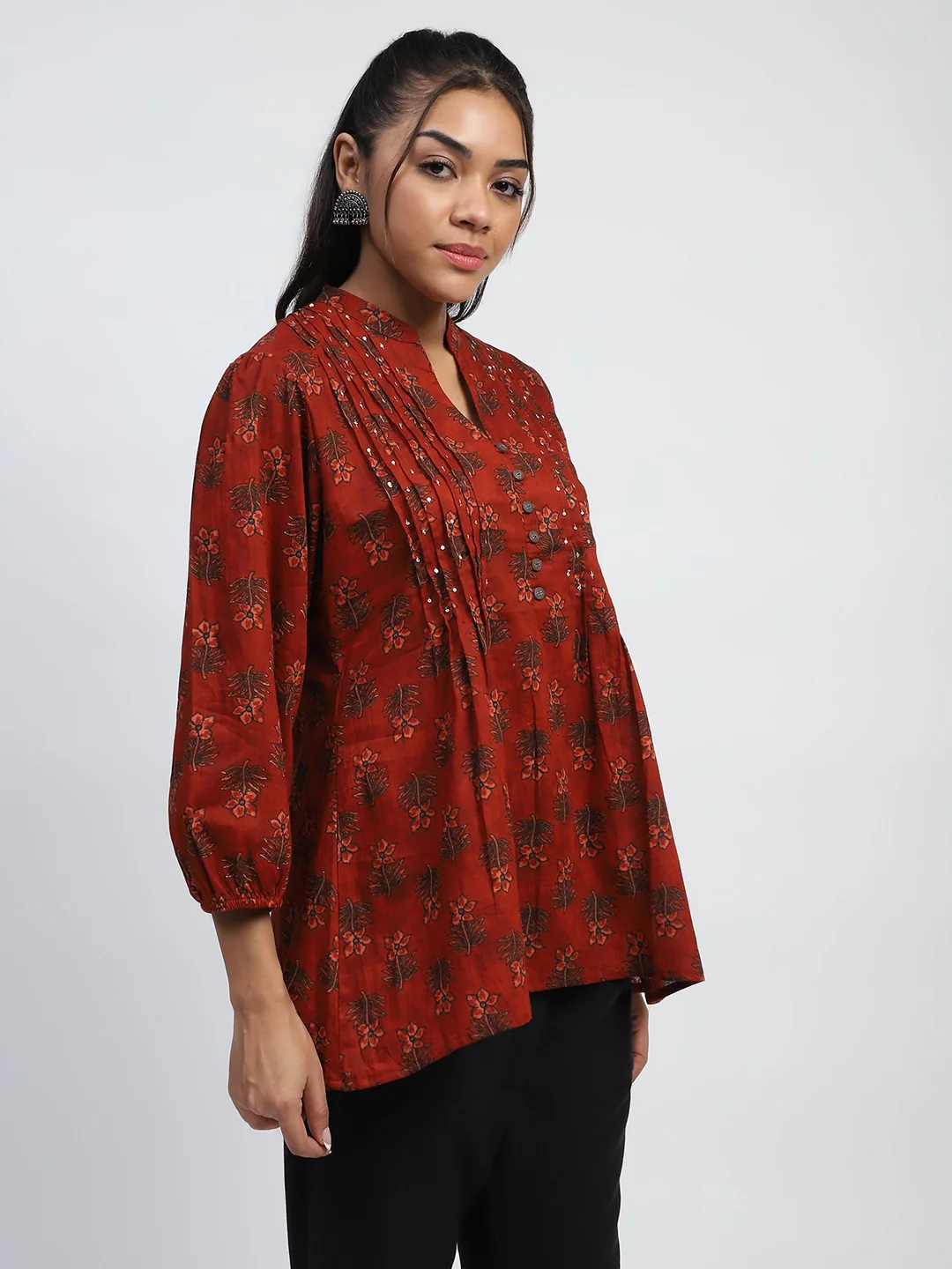 Rust Floral Print Cotton Tunic - Image 13