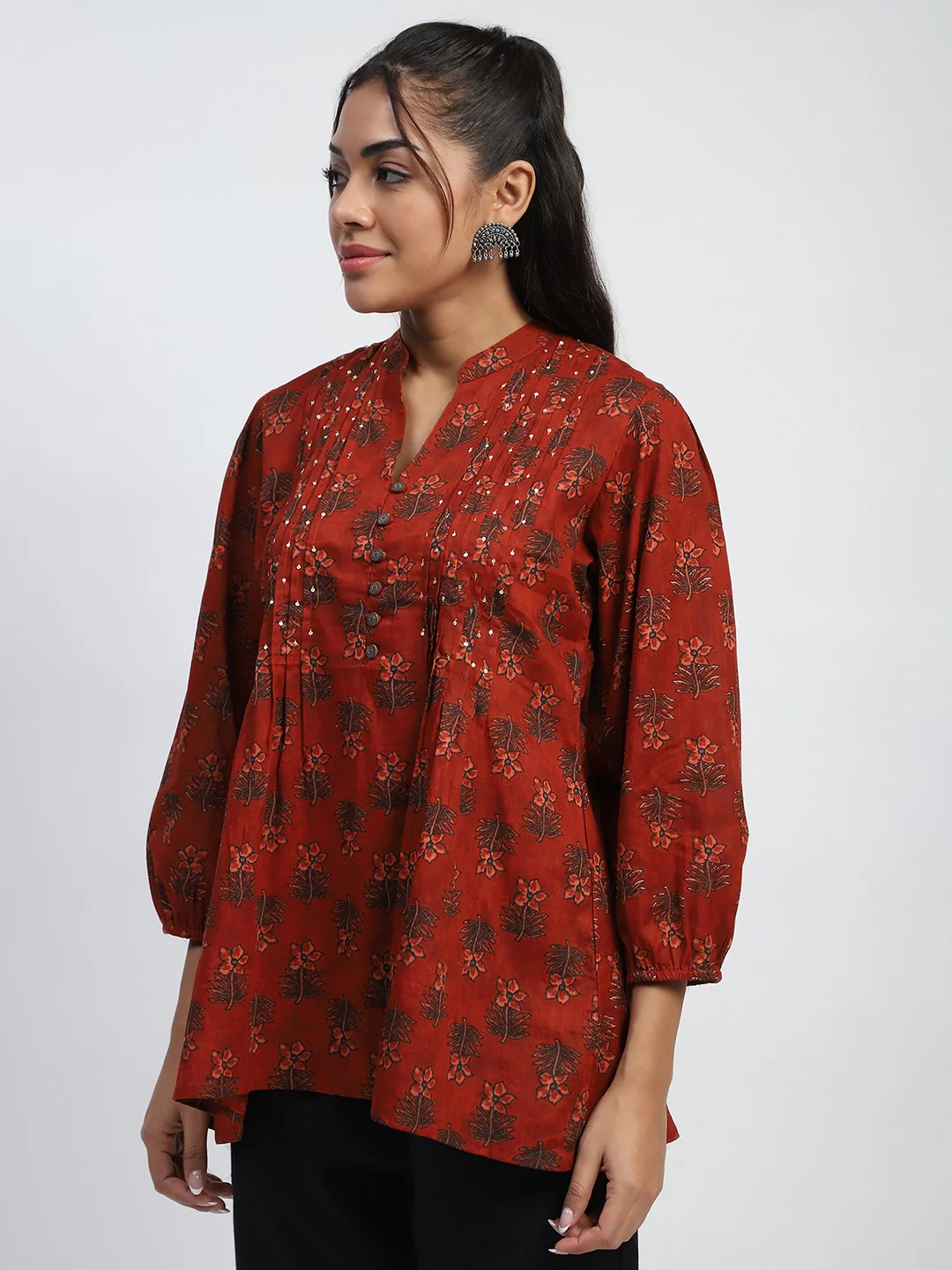 Rust Floral Print Cotton Tunic - Image 15