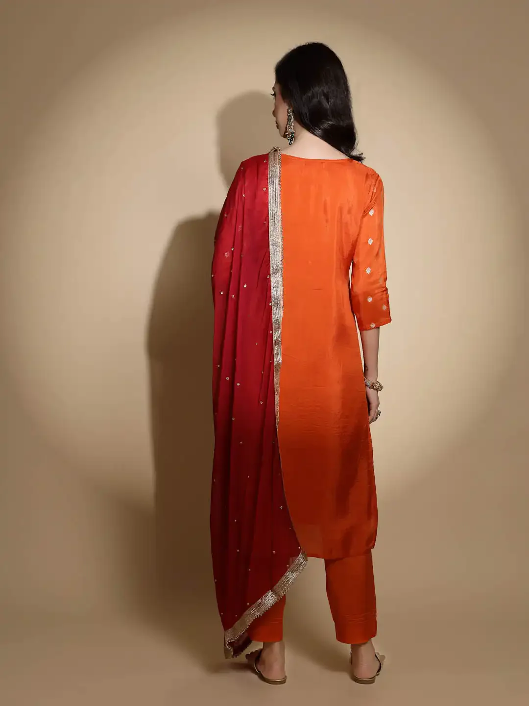 Orange Foil Printed Silk Suit Set - Image 3