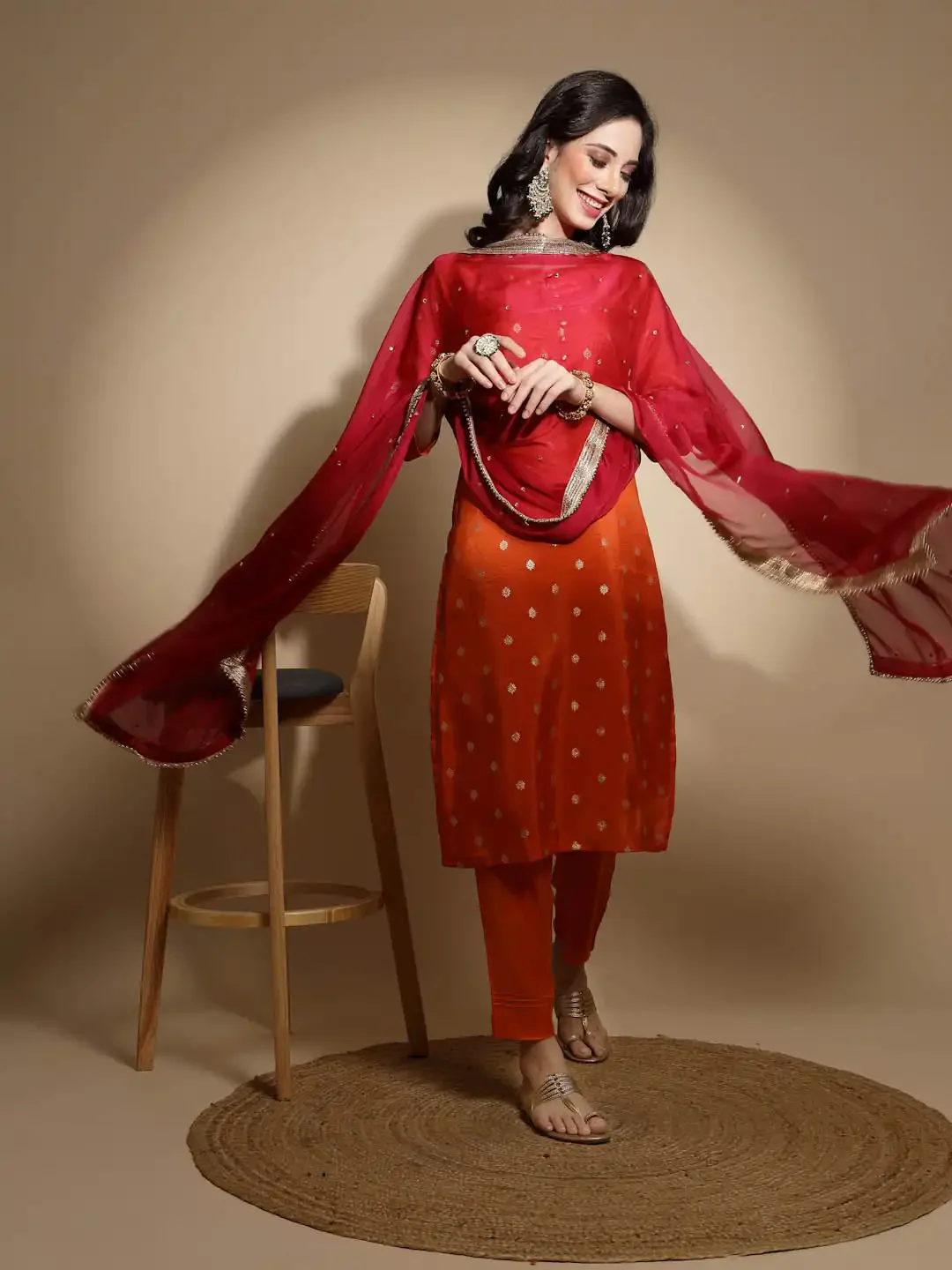 Orange Foil Printed Silk Suit Set - Image 6