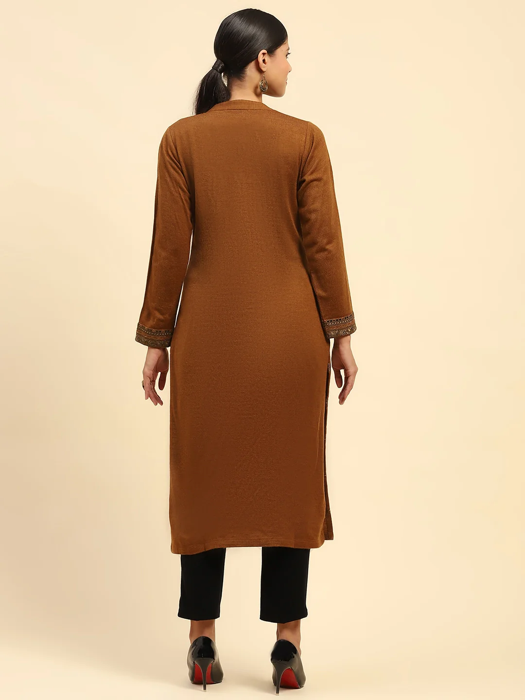 Rust Embroidered Woolen Kurta - Image 11