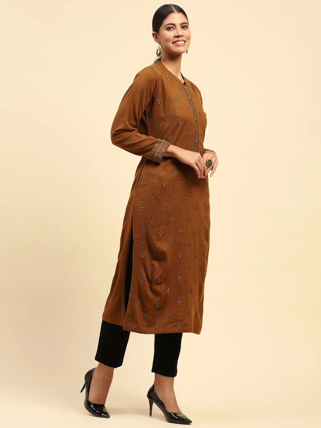 Rust Embroidered Woolen Kurta - Image 9
