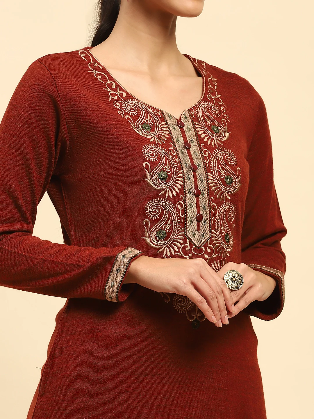 Rust Embroidered Woolen Kurta - Image 10