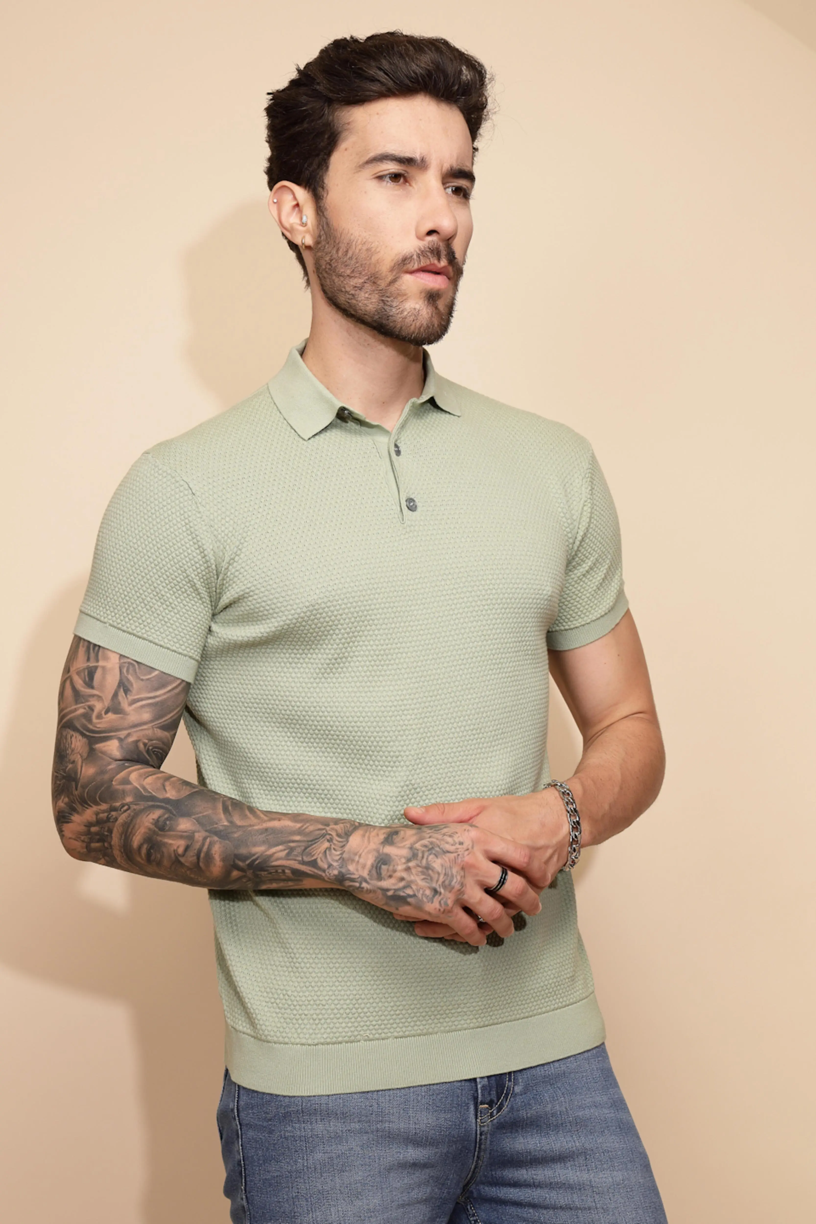 Sage Green Cotton Regular Fit T-Shirt For - Image 3