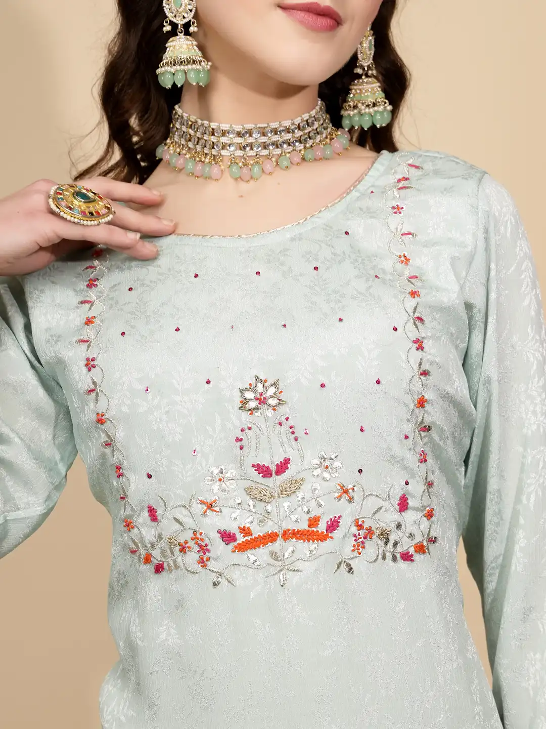 Sage Green Silk Kurta Set - Image 12