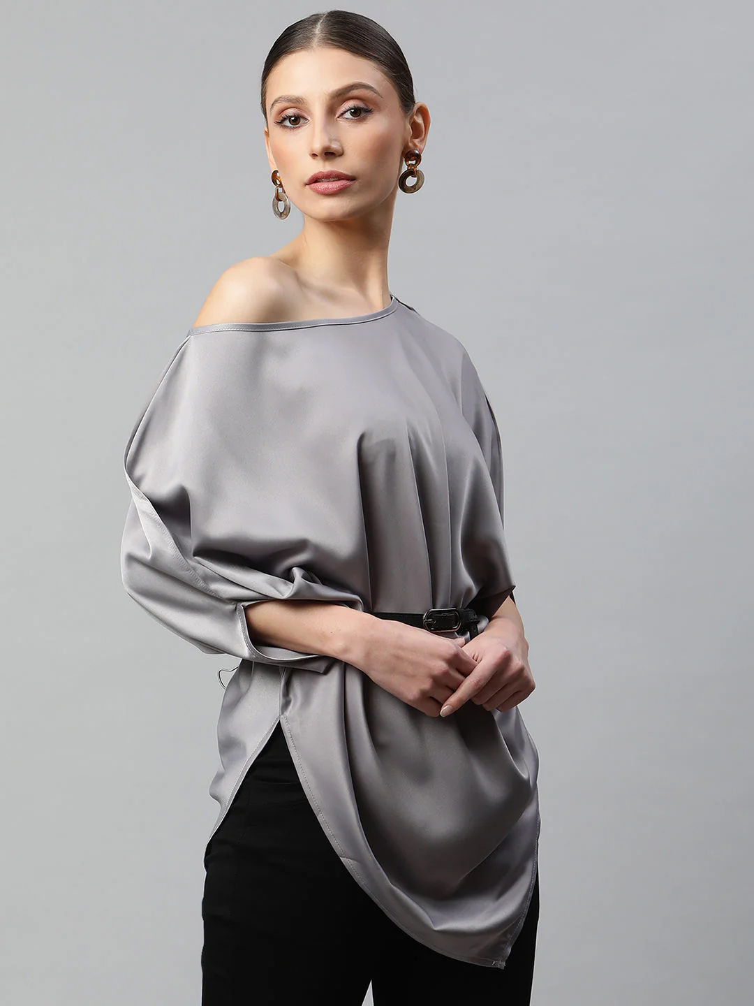 Satin Asymmetric Hem Off-Shoulder Top - Image 7
