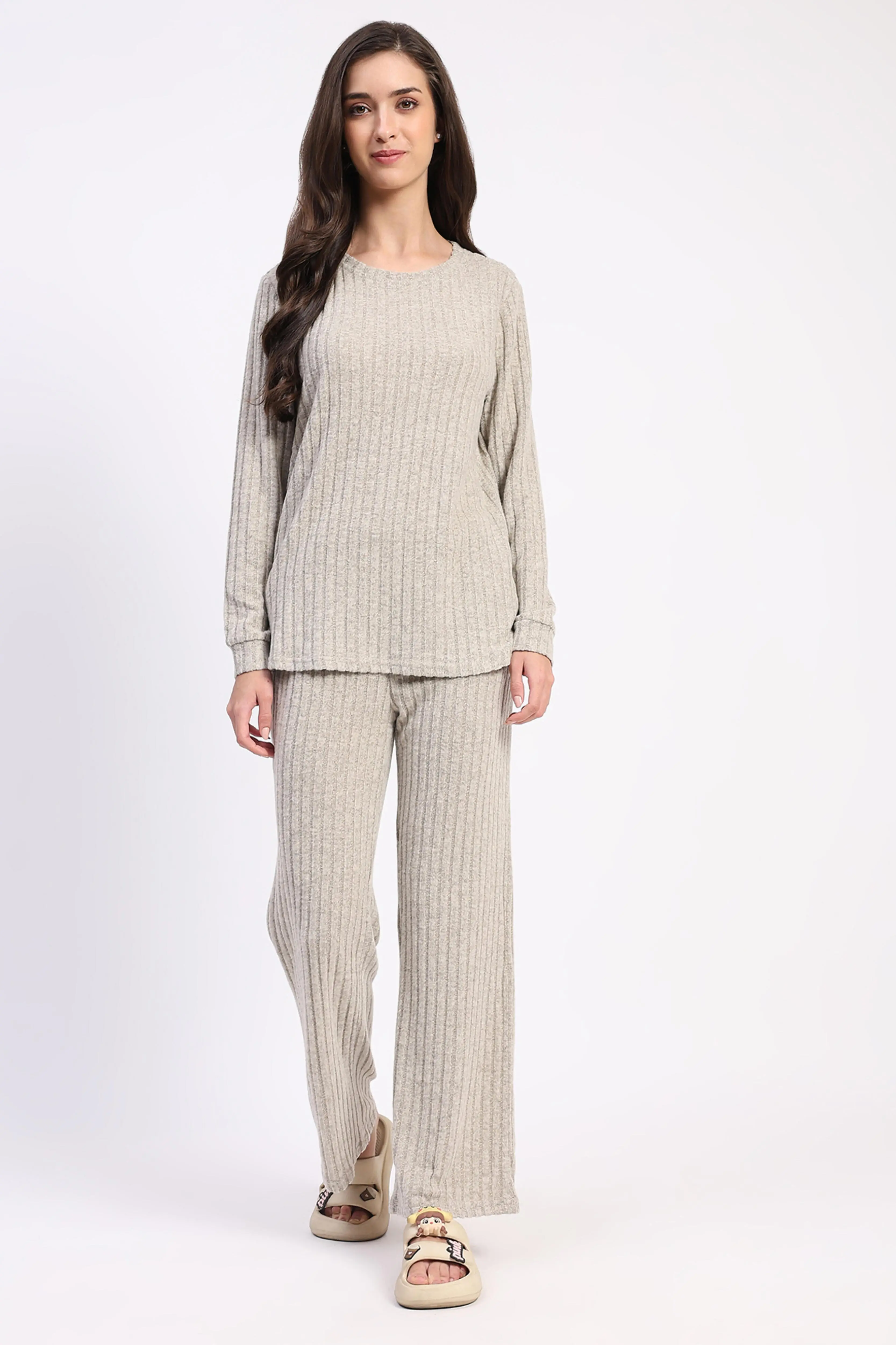 Beige Self-Striped Winter Loungewear