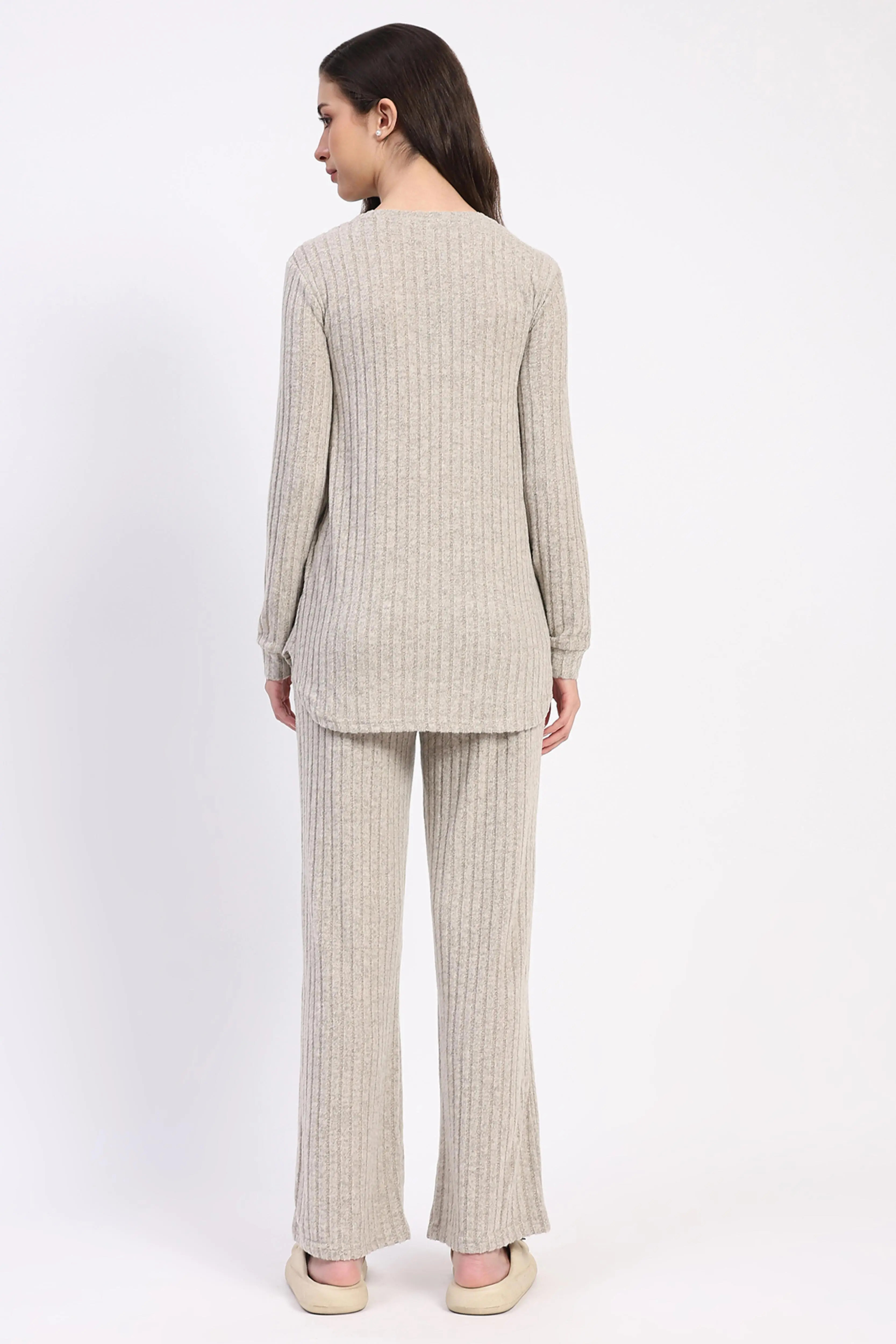 Beige Self-Striped Winter Loungewear - Image 4