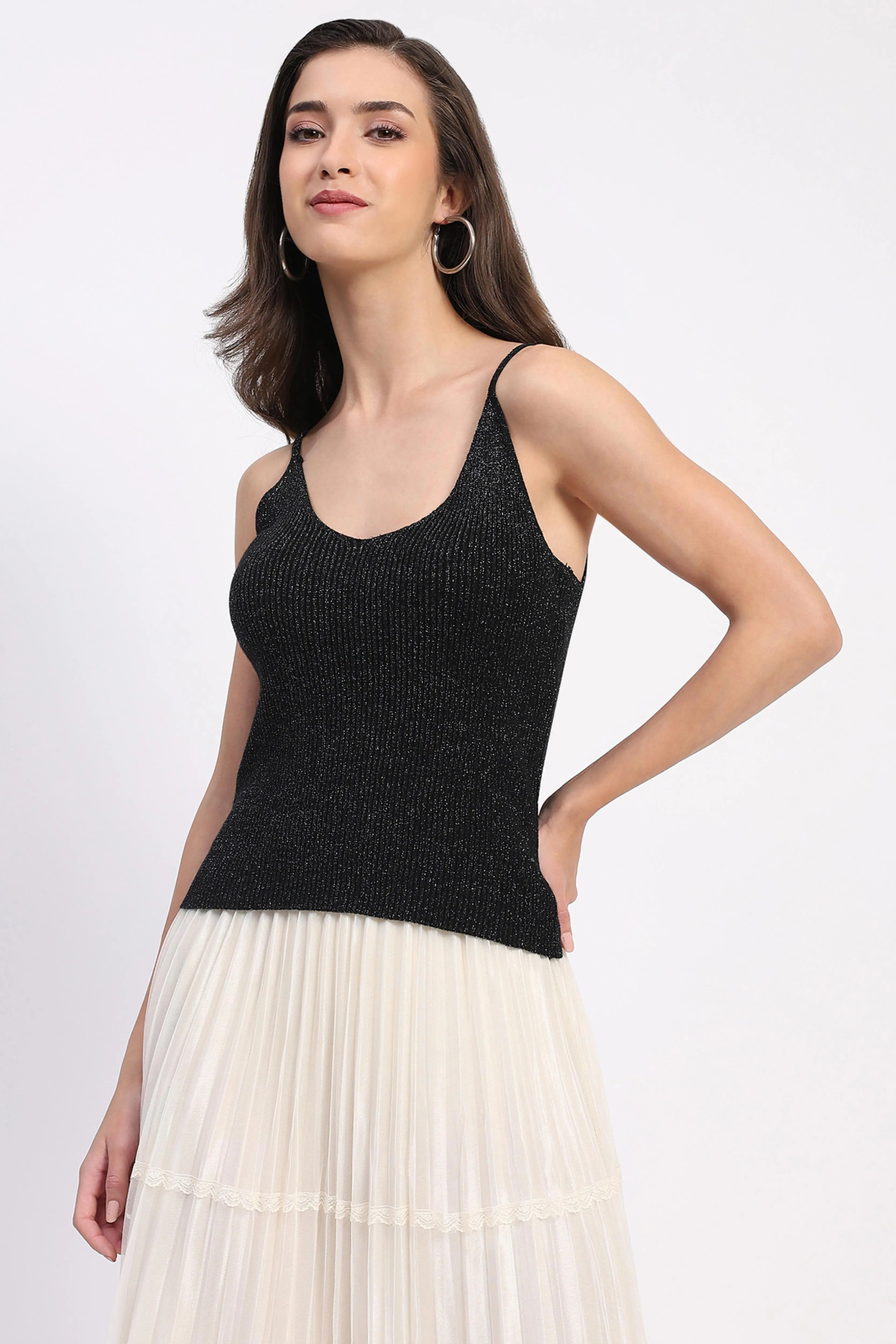Shimmer Ribbed Two-Way Neck Top - Image 2