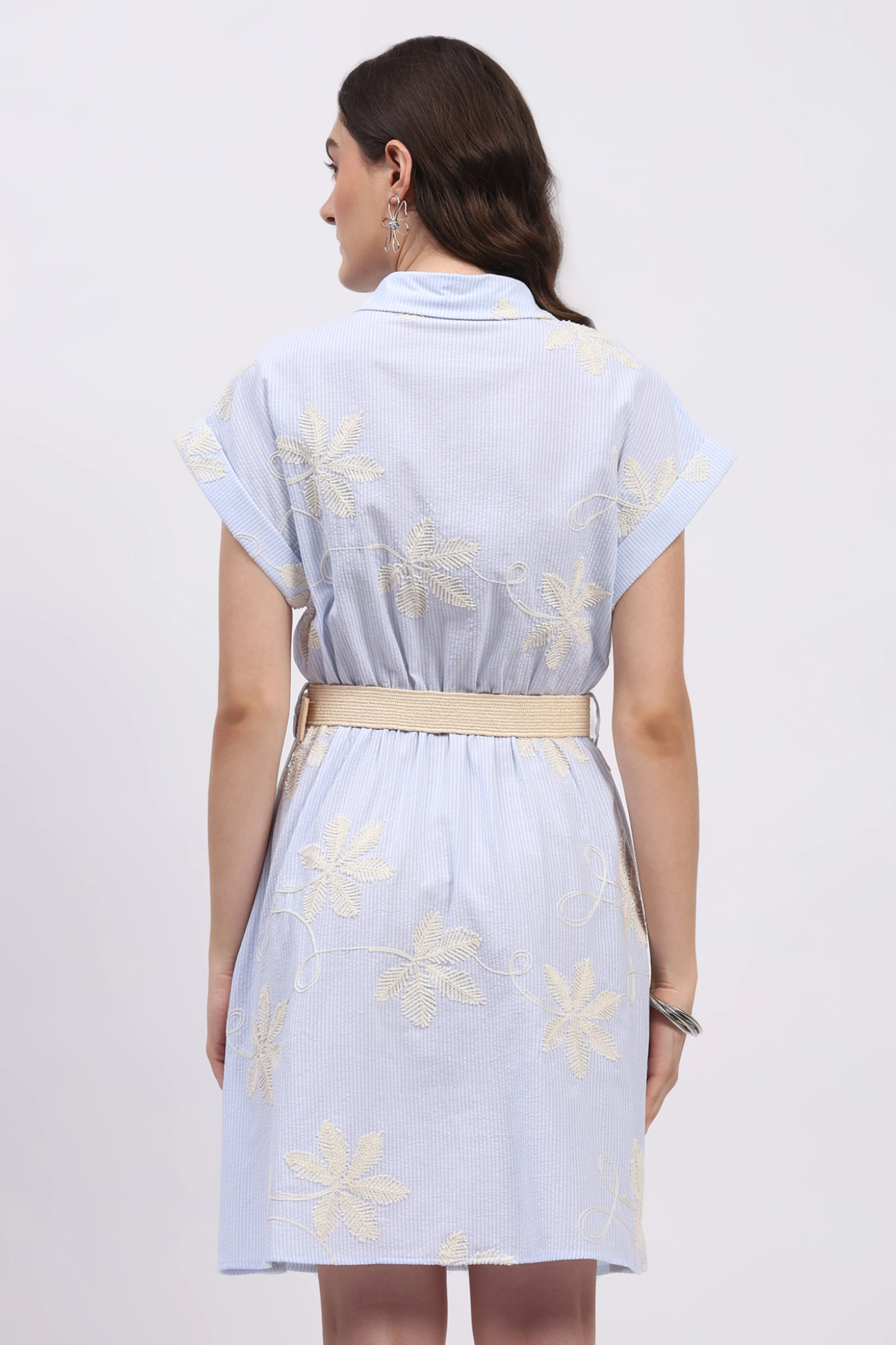 Sky Blue Floral Embroidered Shirt Dress - Image 4