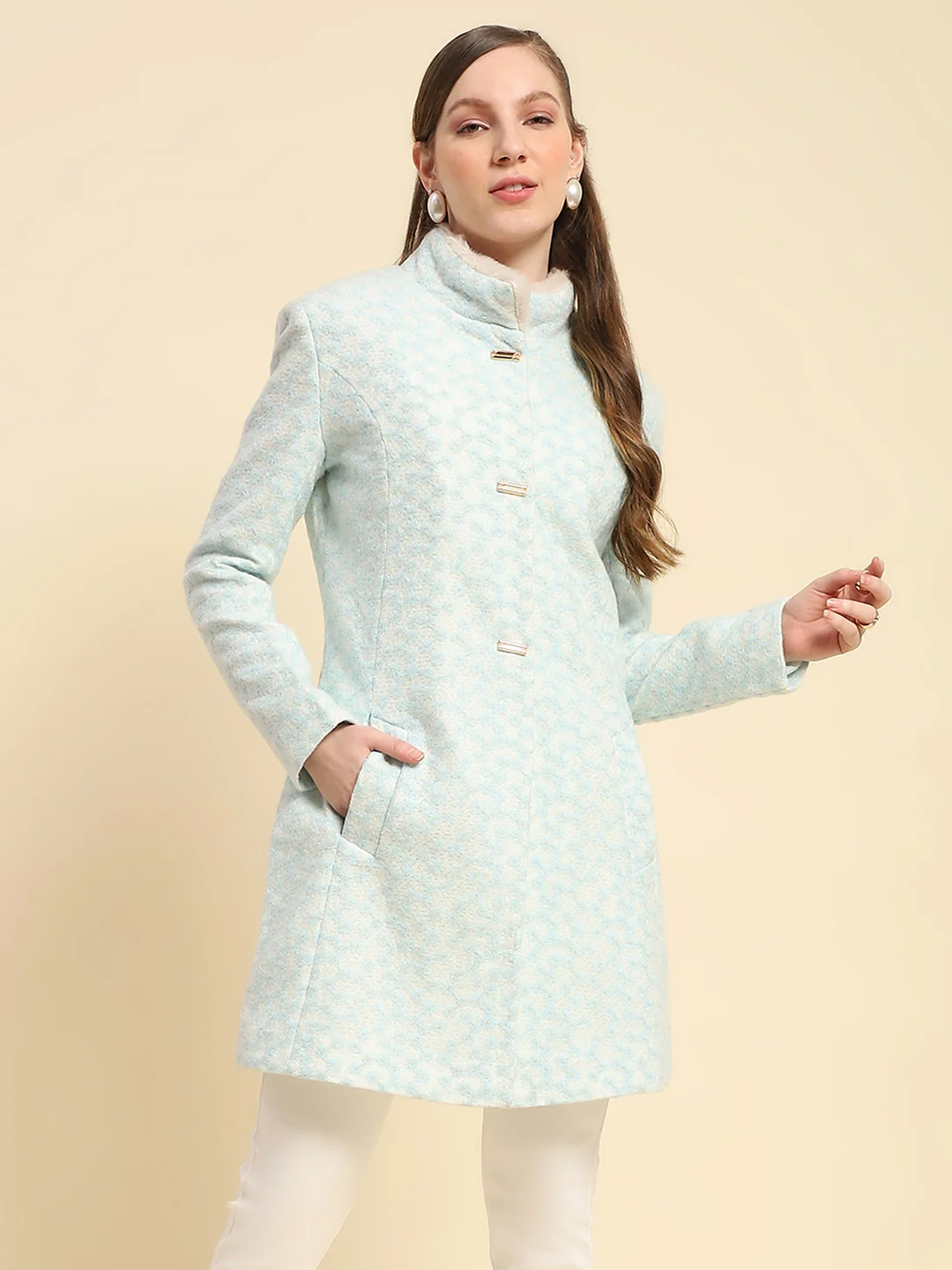 Sky Floral Embroidered Acrylic Coat - Image 12