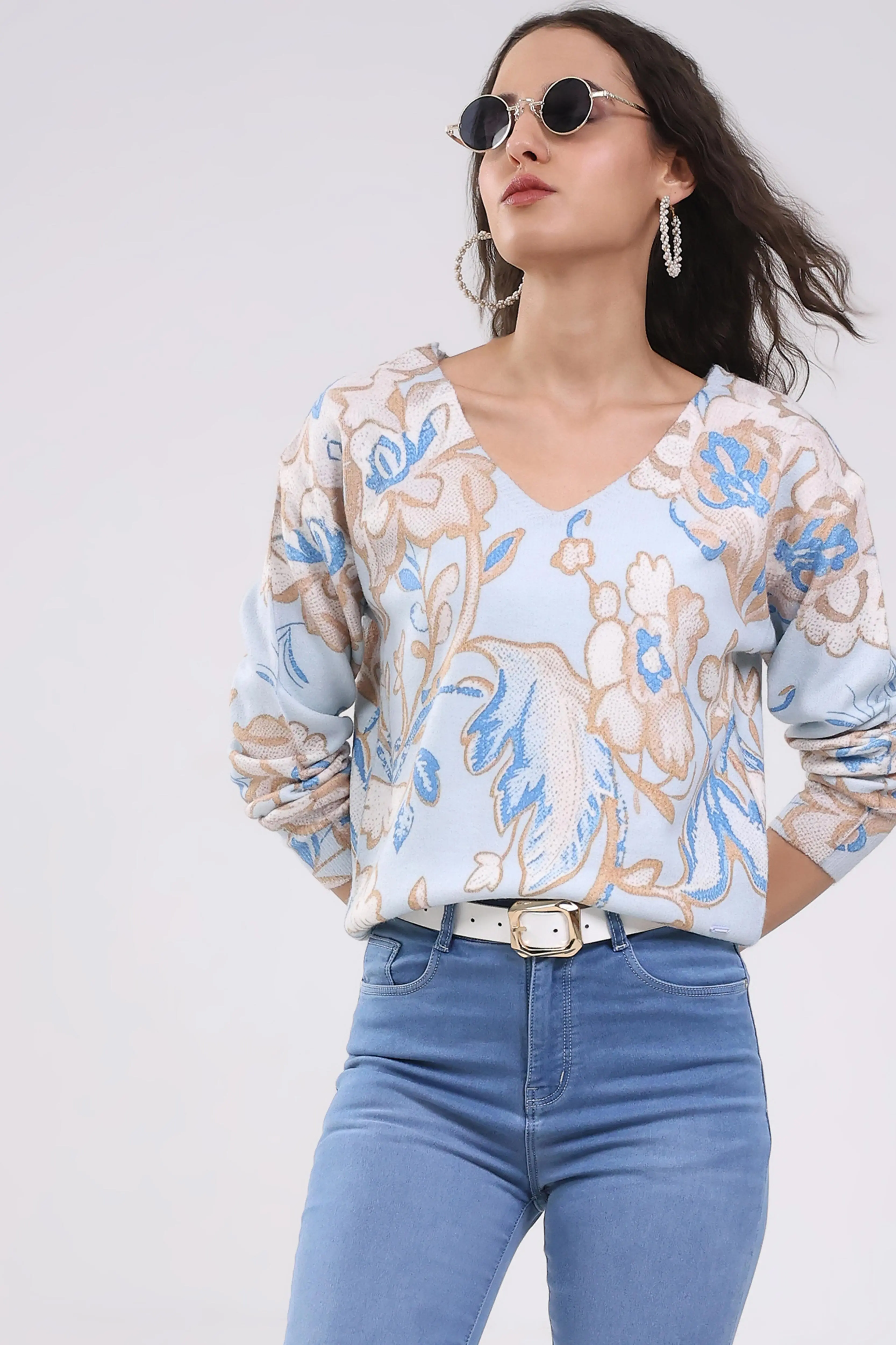 Sky Blue Floral Winter Pullover