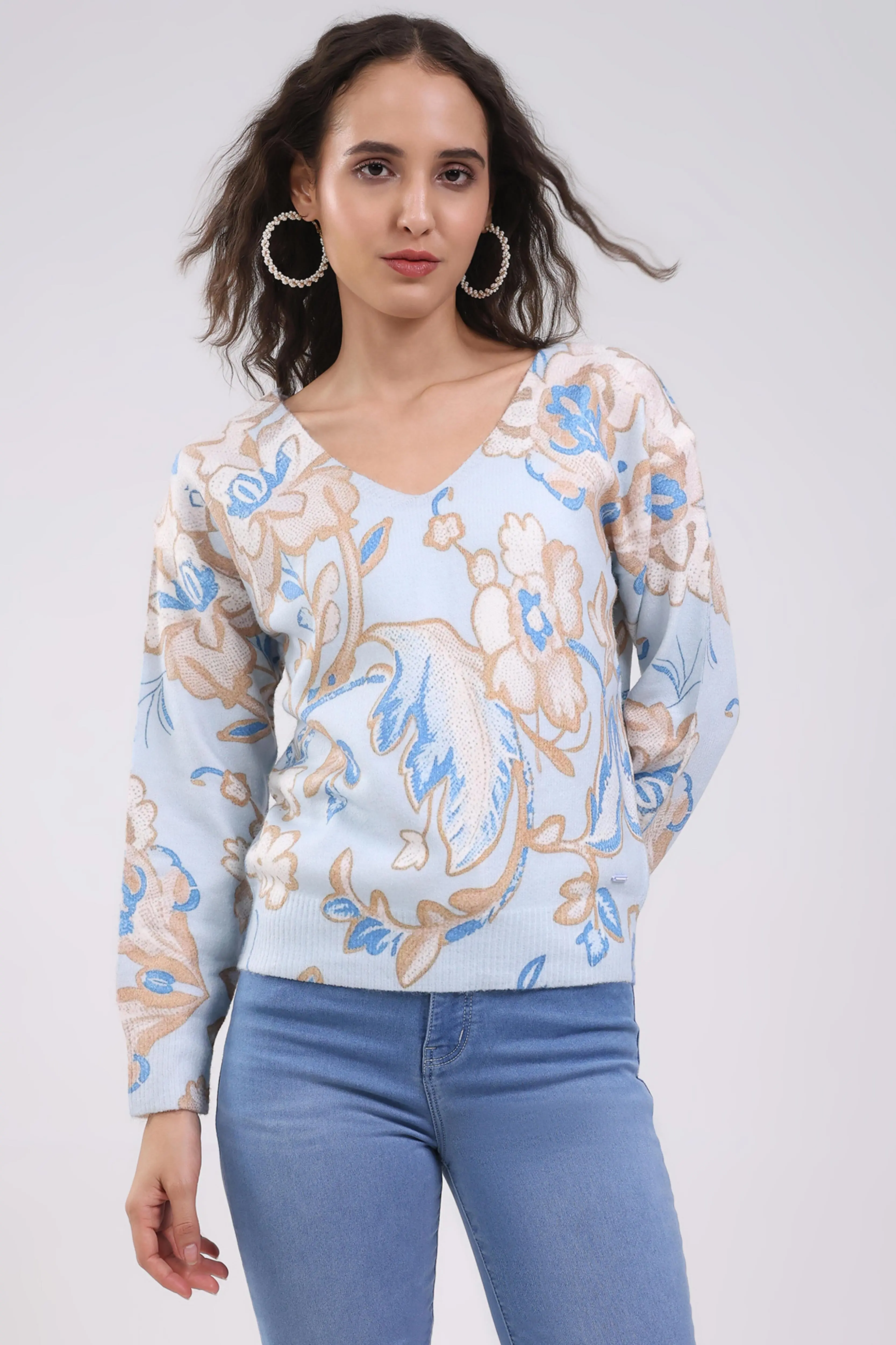 Sky Blue Floral Winter Pullover - Image 2