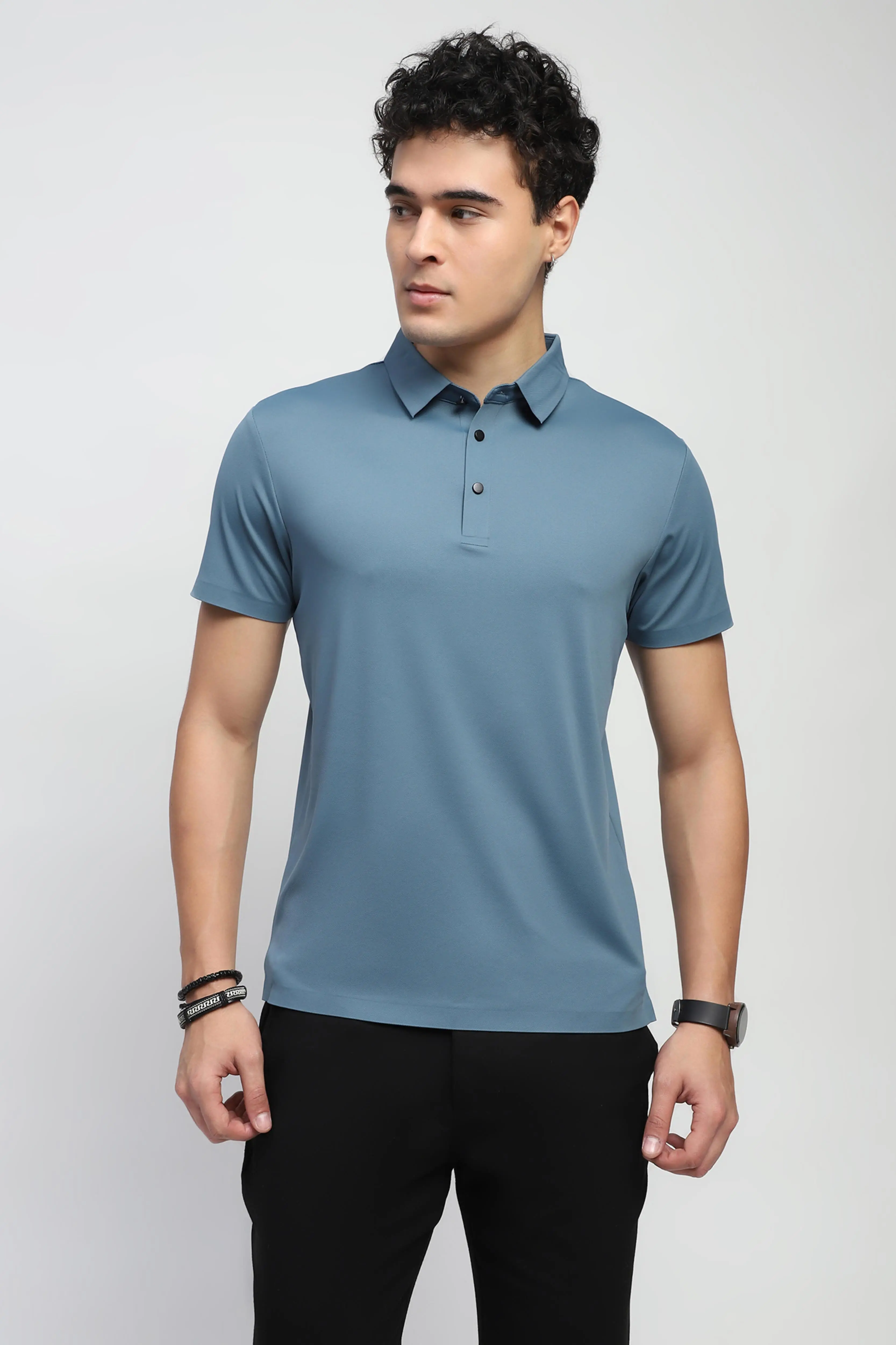 Blue Nylon Blend Solid T-Shirt