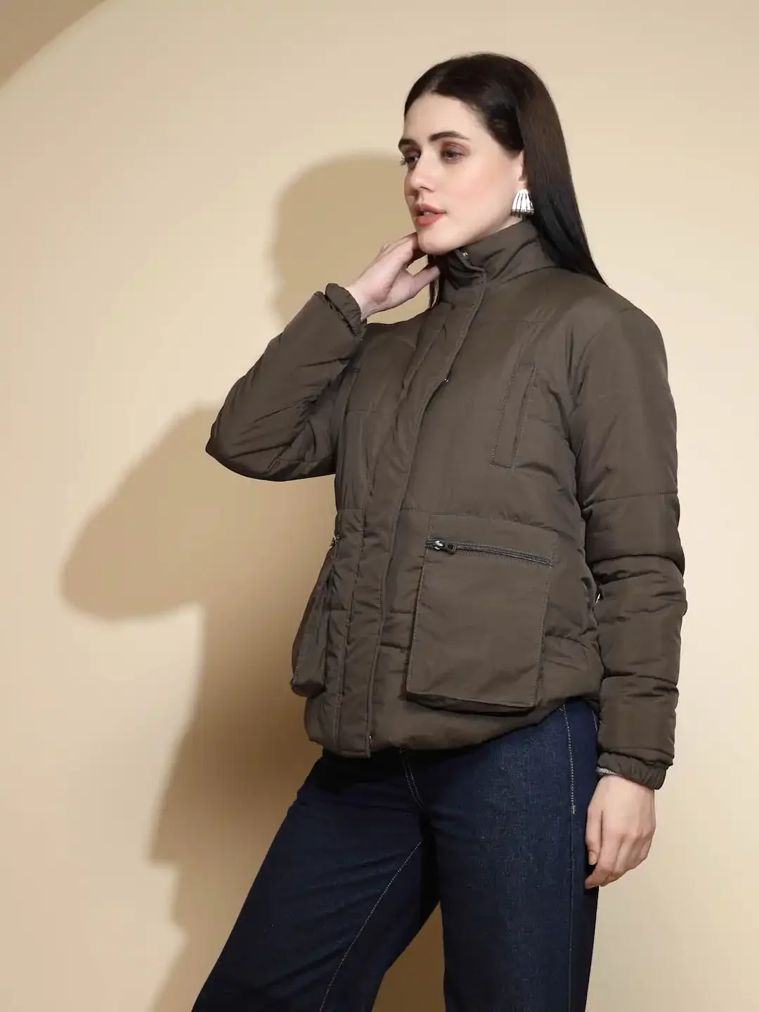 Olive Solid Puffer Jacket - Image 5