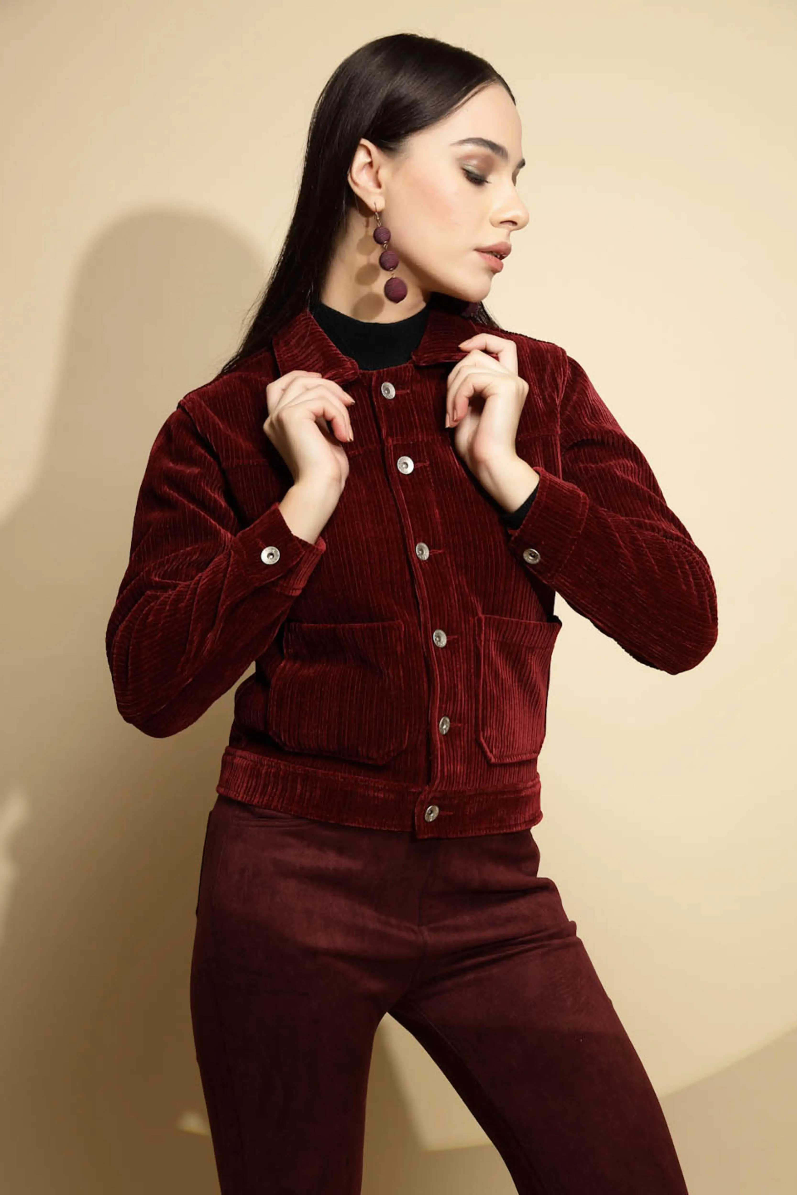 Maroon Solid Corduroy Suede Jacket - Image 3