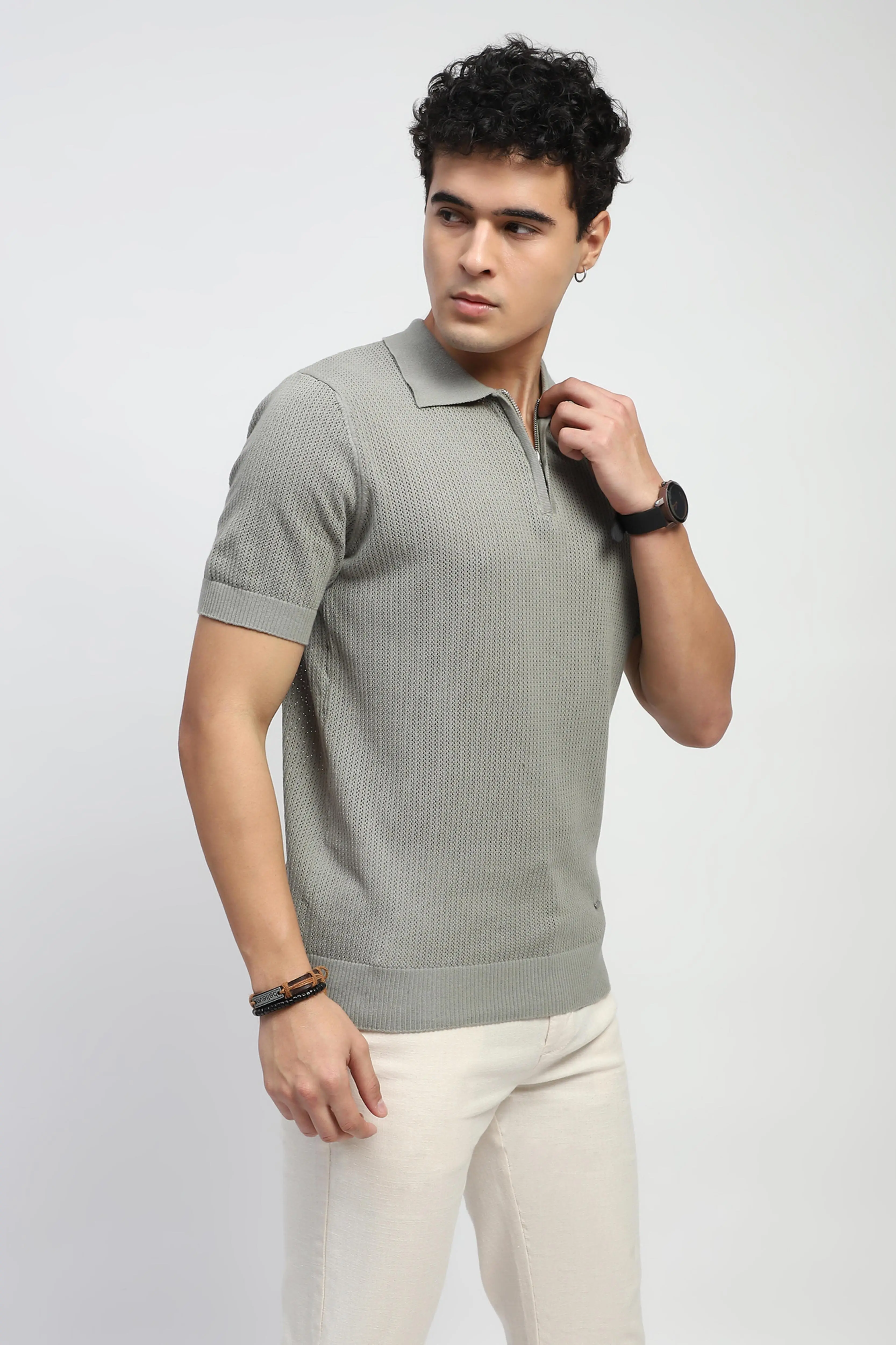 Grey Self Design Cotton Polo T-Shirt - Image 3