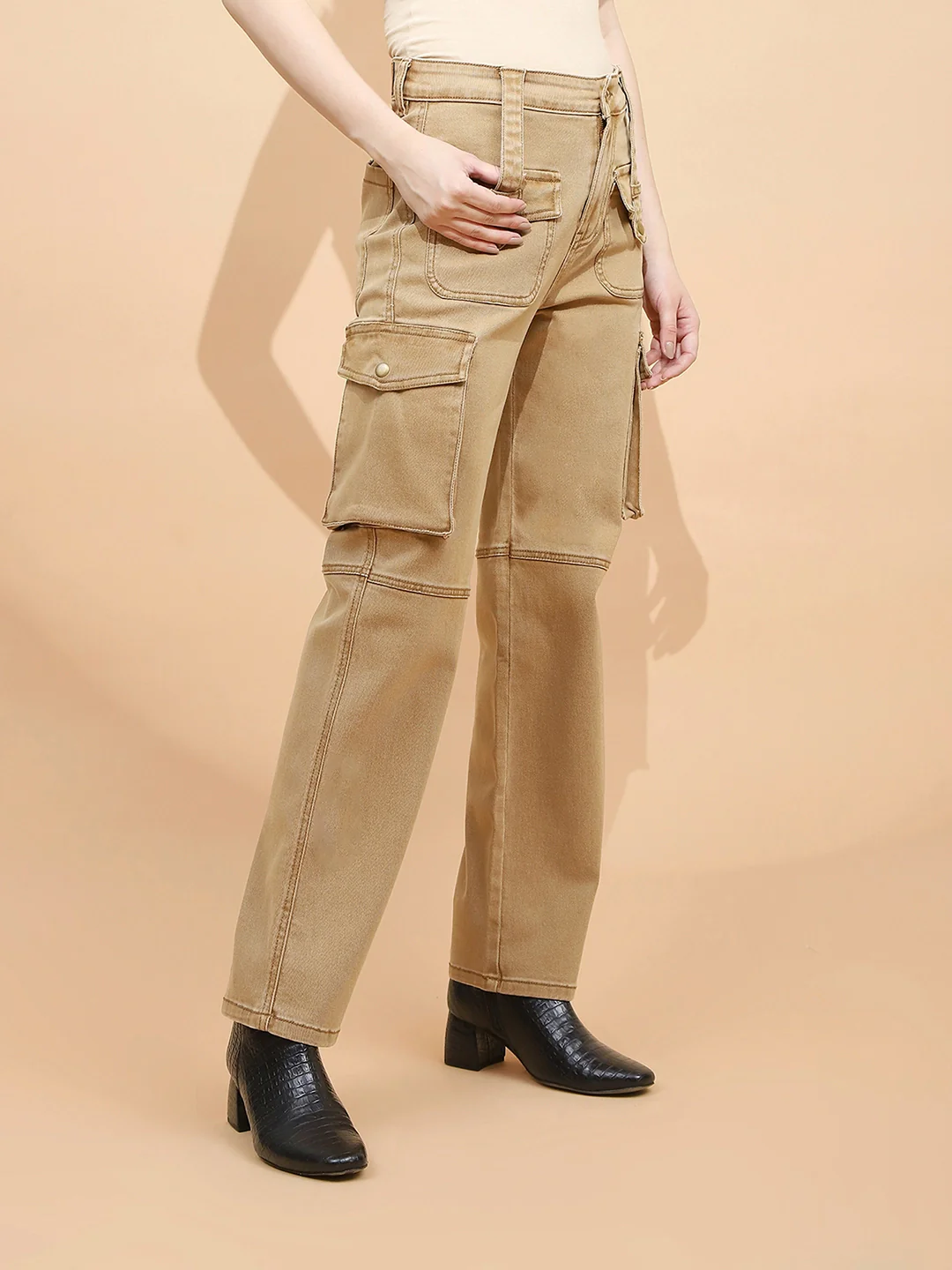 Tan Brown Cotton Regular Fit Cargo - Image 9