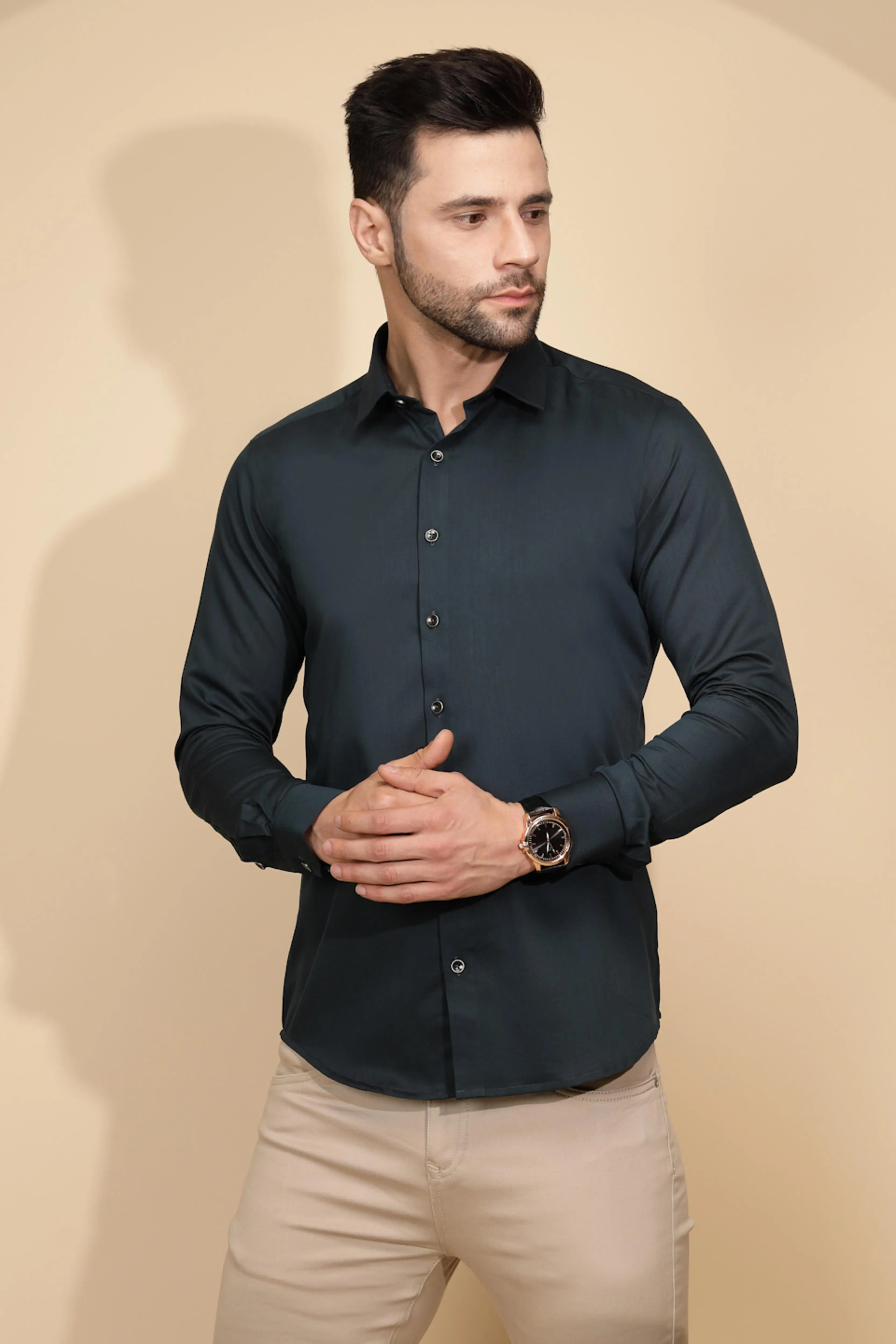 Teal Cotton Blend Regular Fit Shirt - Image 4