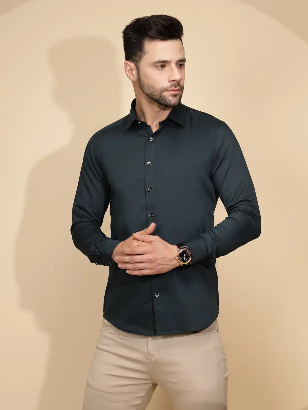 Teal Cotton Blend Regular Fit Shirt - Image 9