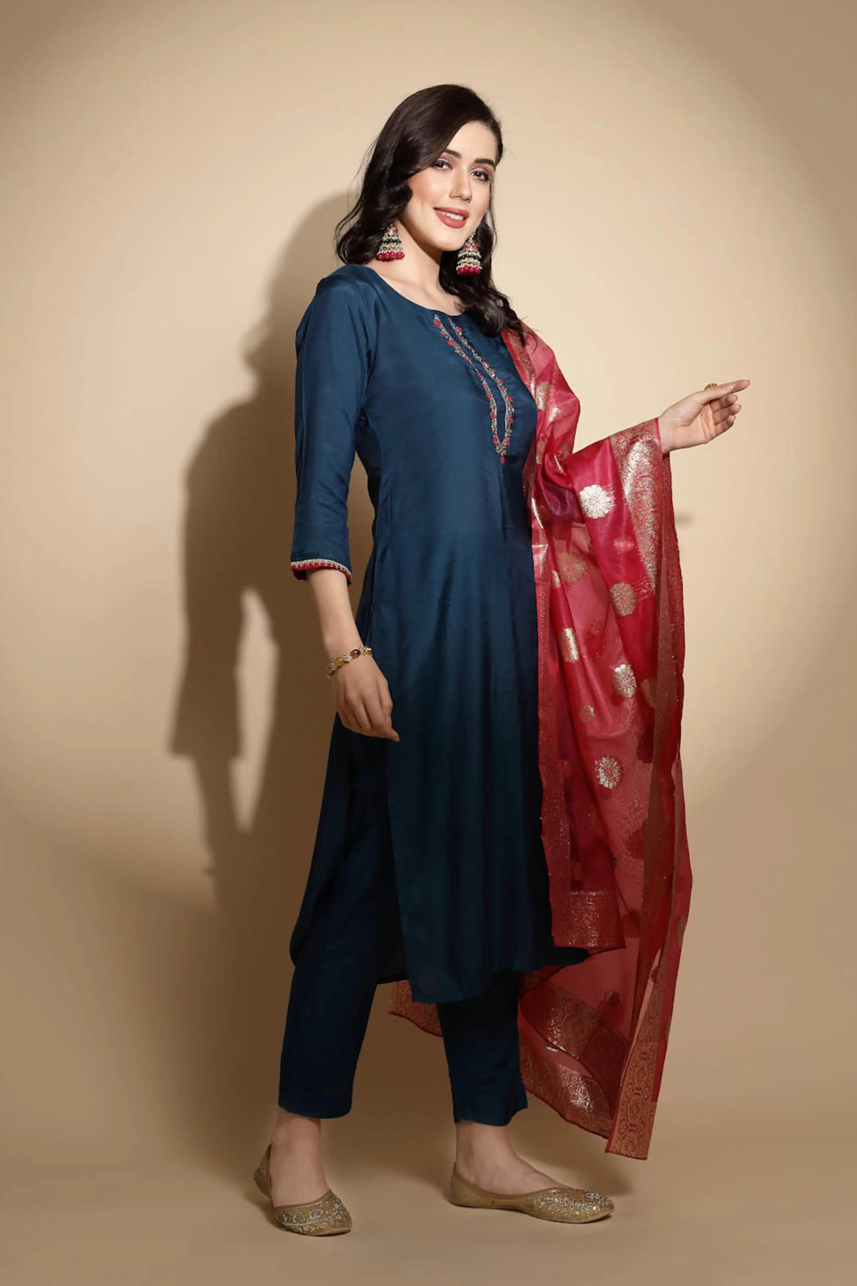 Teal Embroidered Cotton Suit Set - Image 4