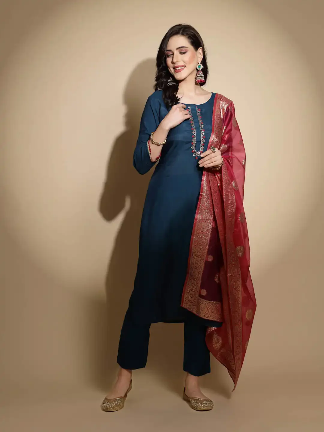 Teal Embroidered Cotton Suit Set - Image 9