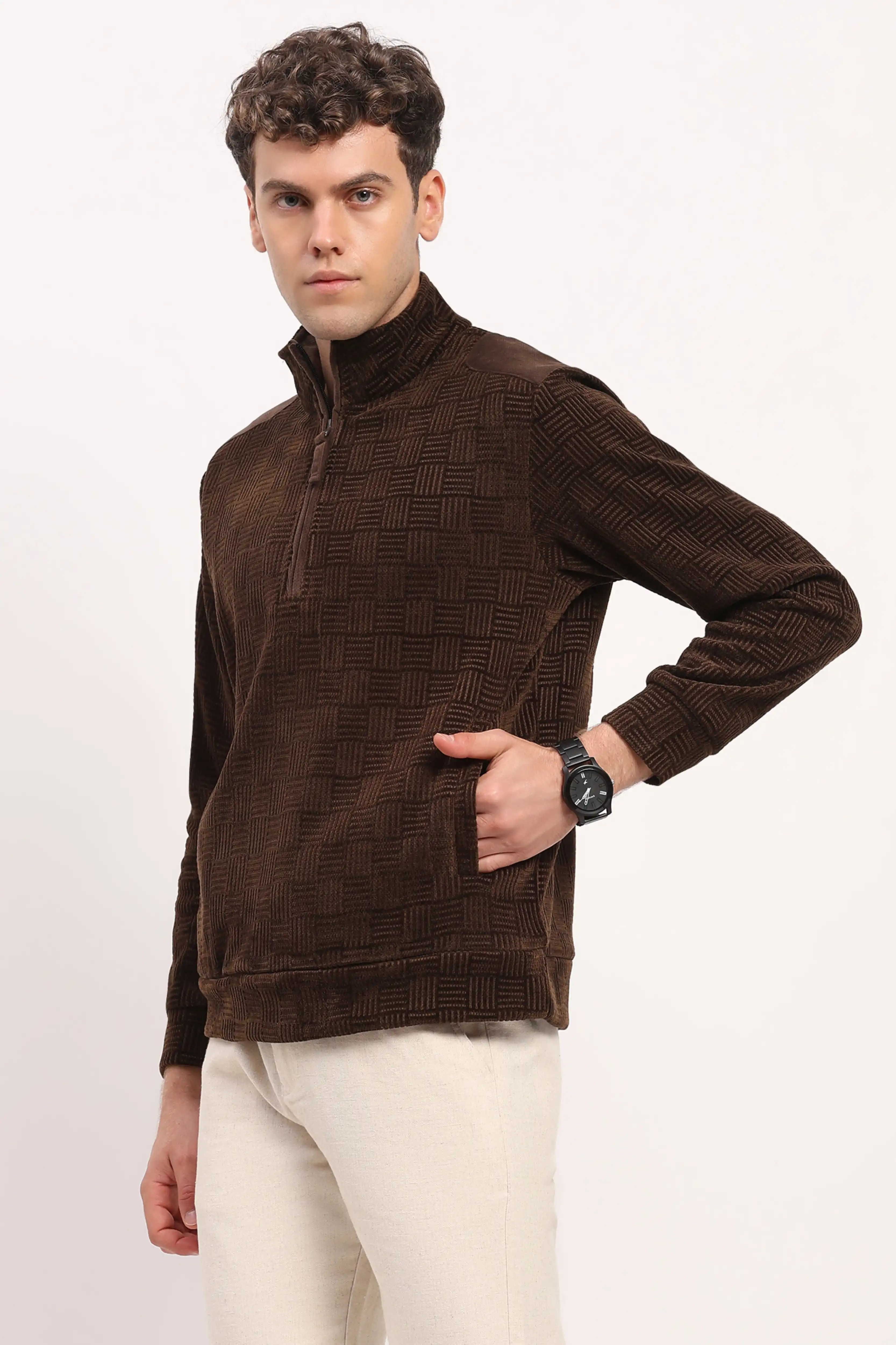 Textured Brown Half-Zip Sweatshirt - Image 3