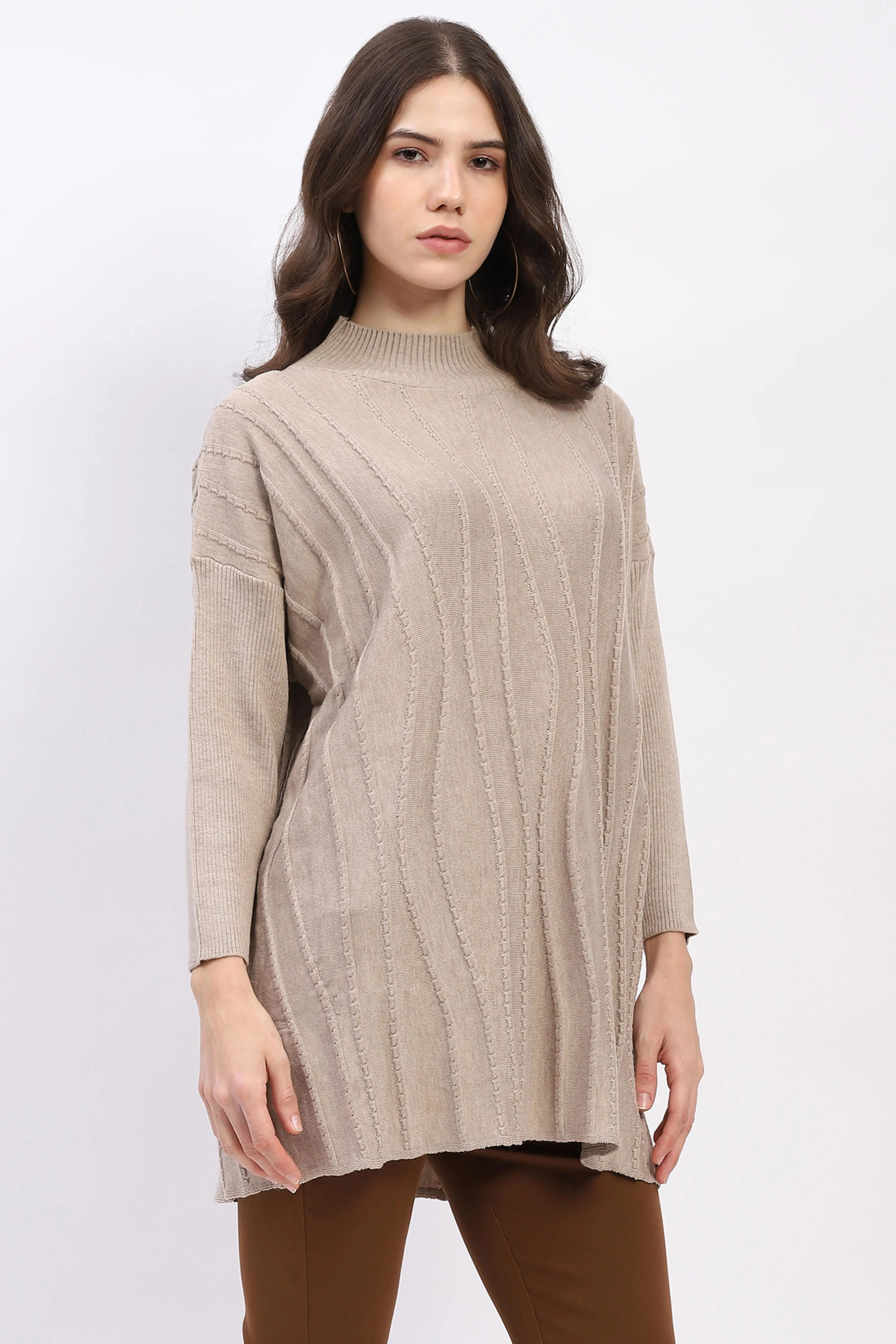 Textured High Neck Tunic Pullover - Image 3
