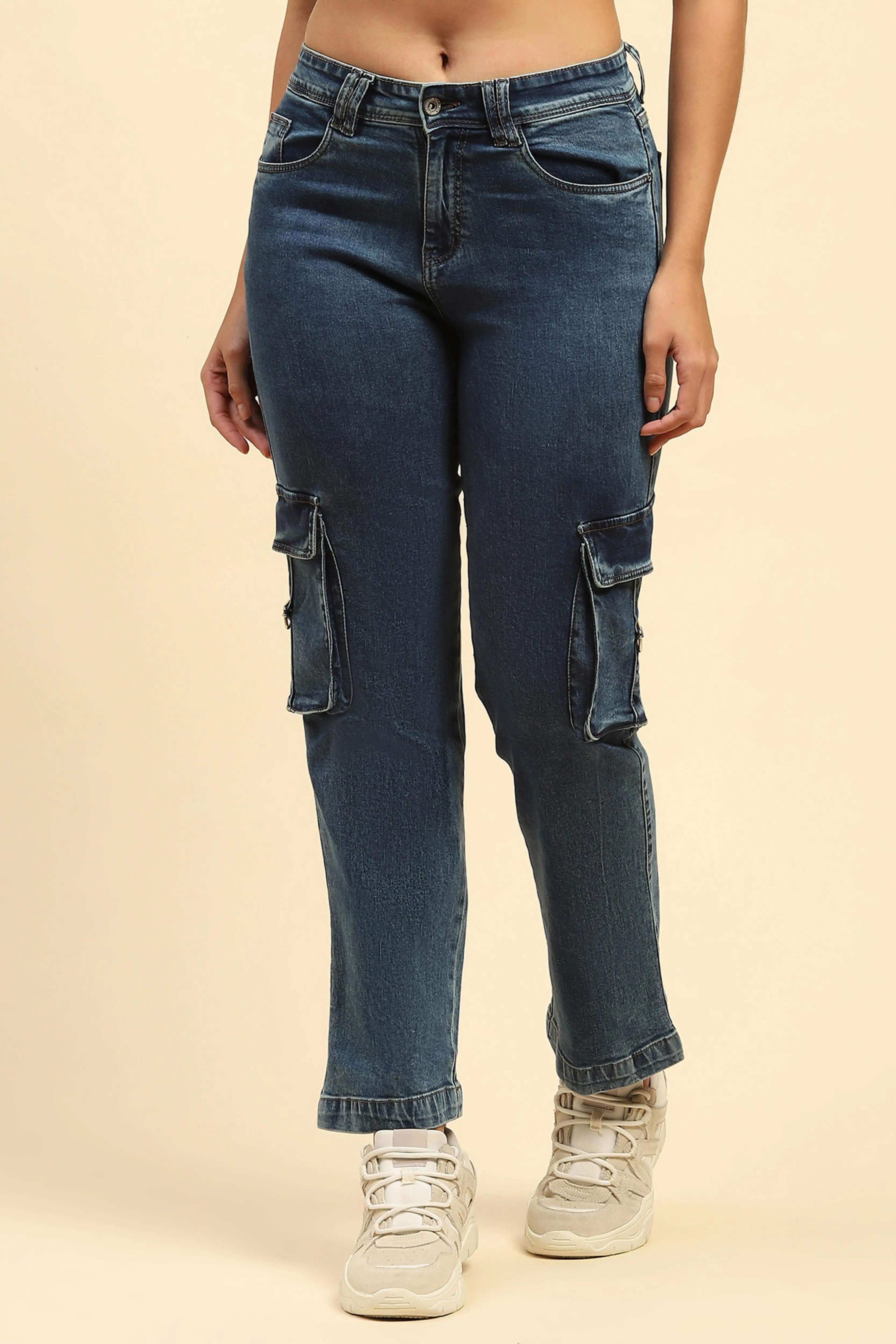 Solid Cotton Blend Straight Fit Cargo