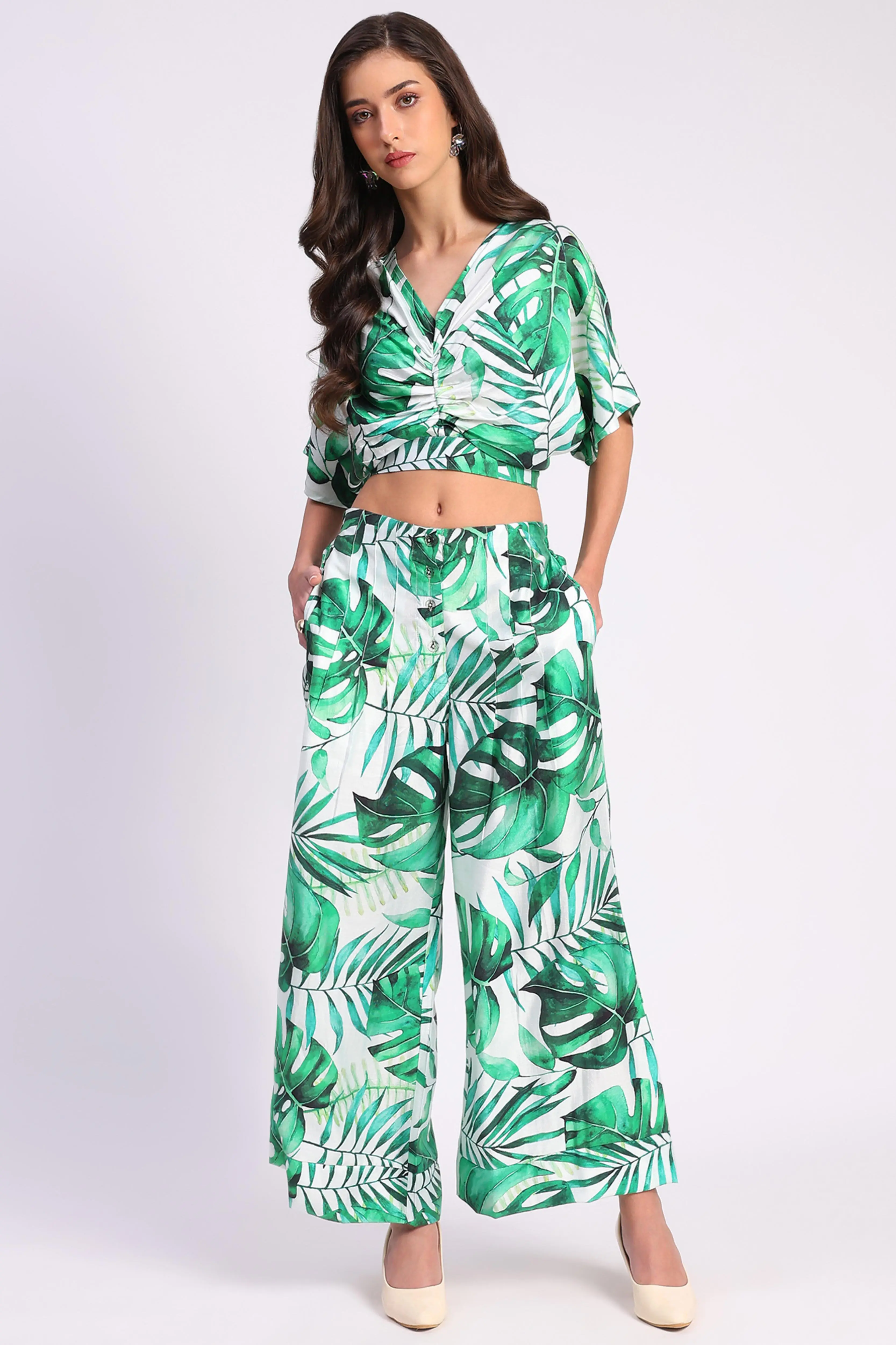 Tropical Crop Top & Wide-Leg Pant Set