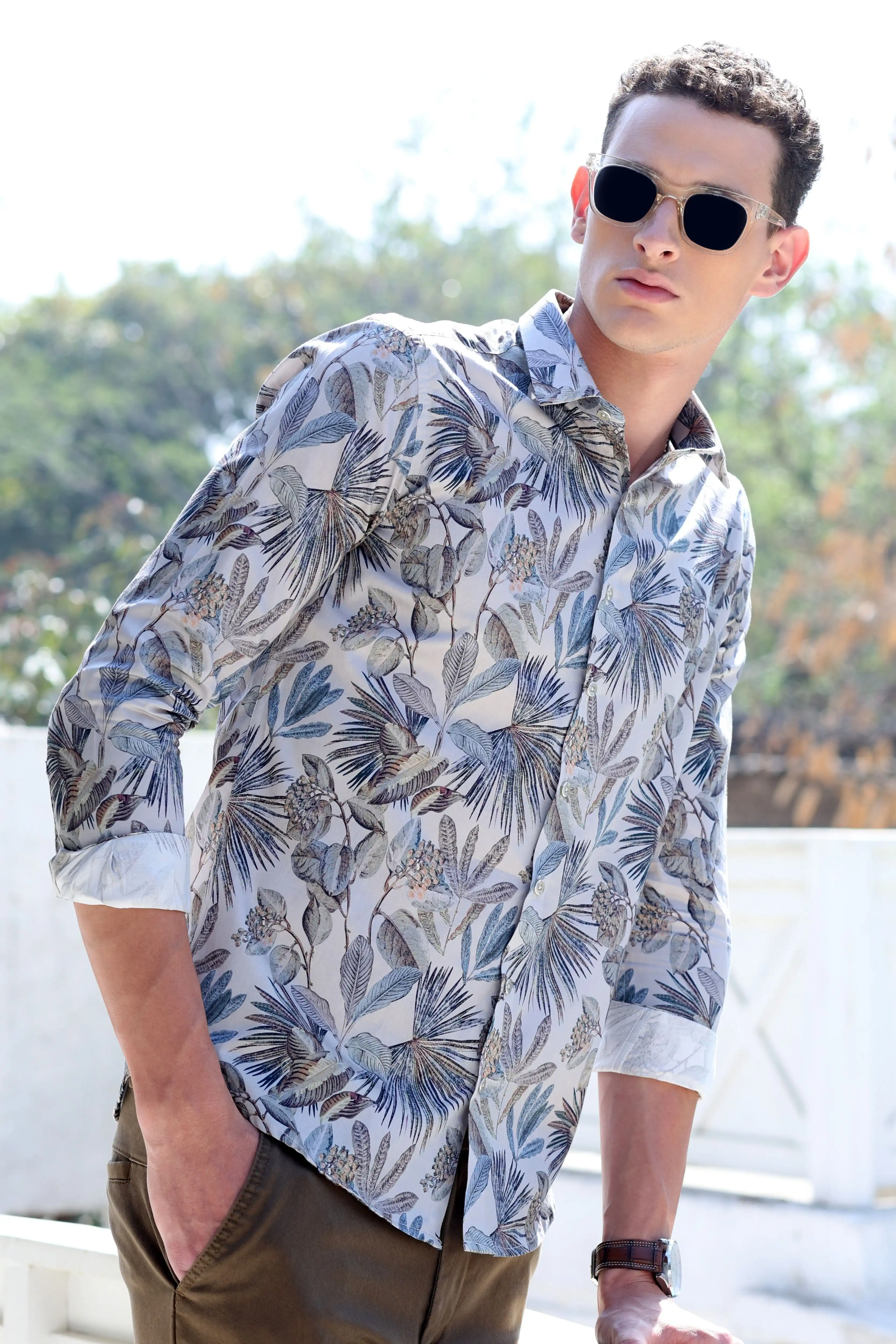 White Tropical Print Cotton Shirt - Image 18