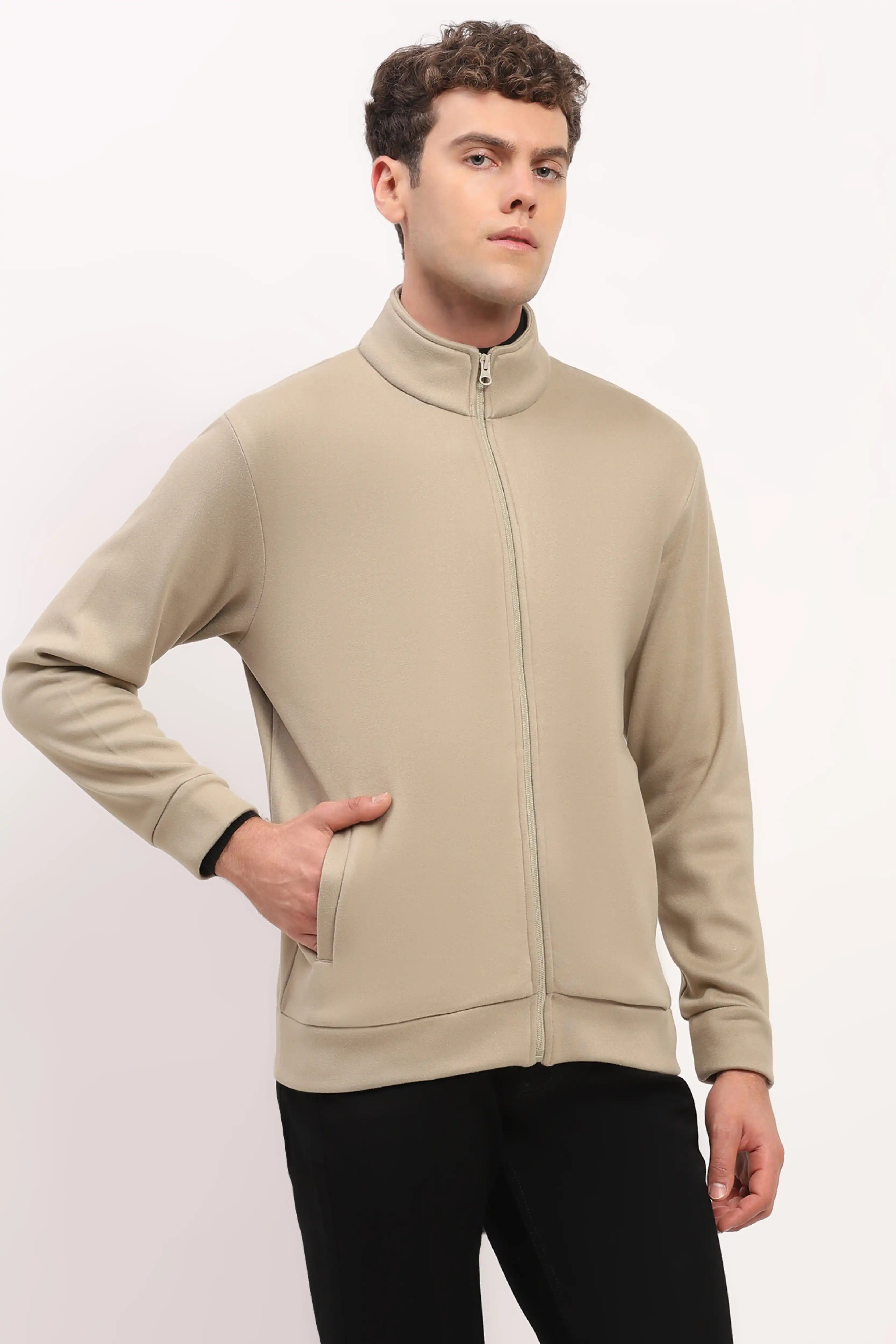 Velvet-Lined Beige Zip Sweatshirt - Image 4