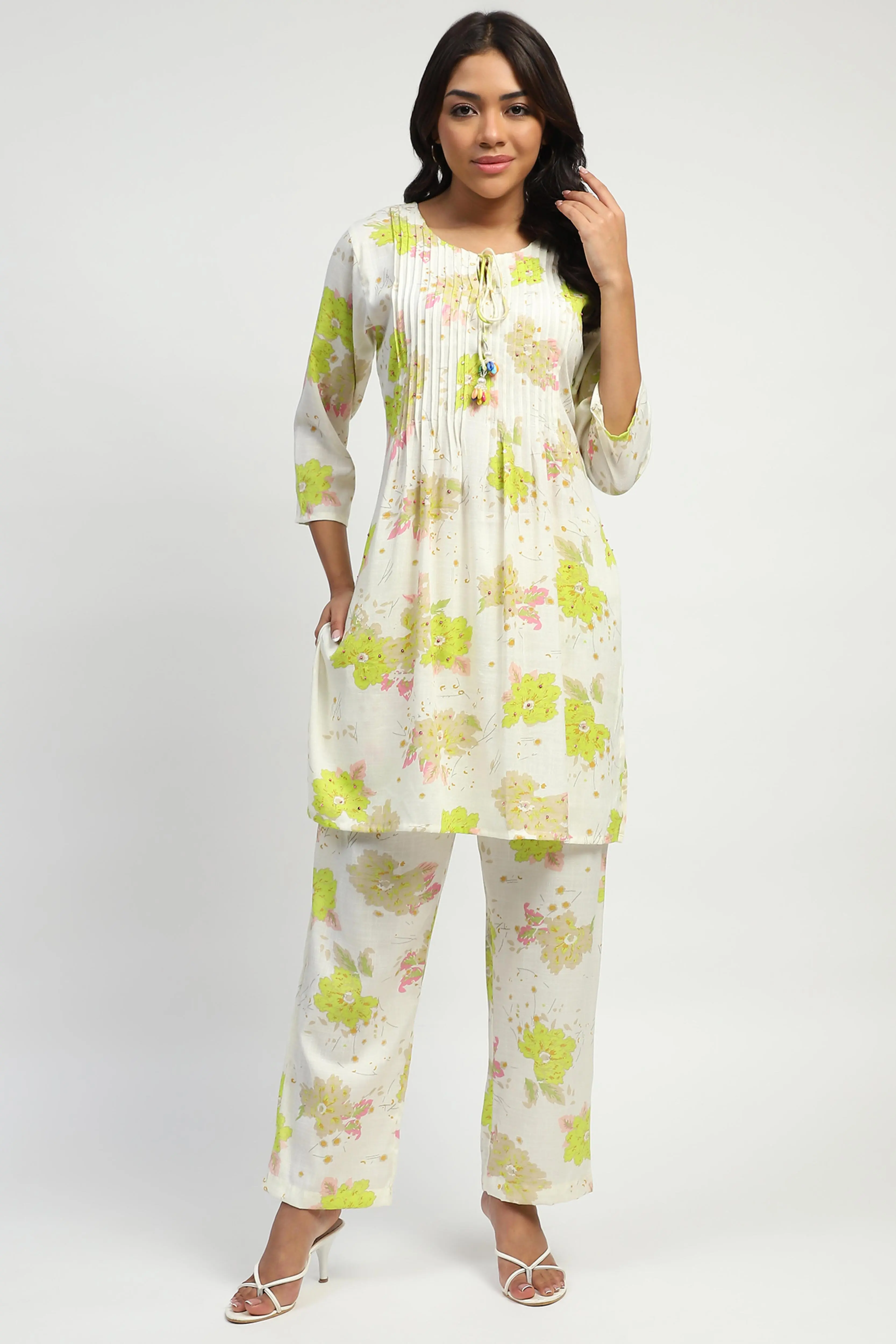 White & Green Floral Cotton Kurta Set