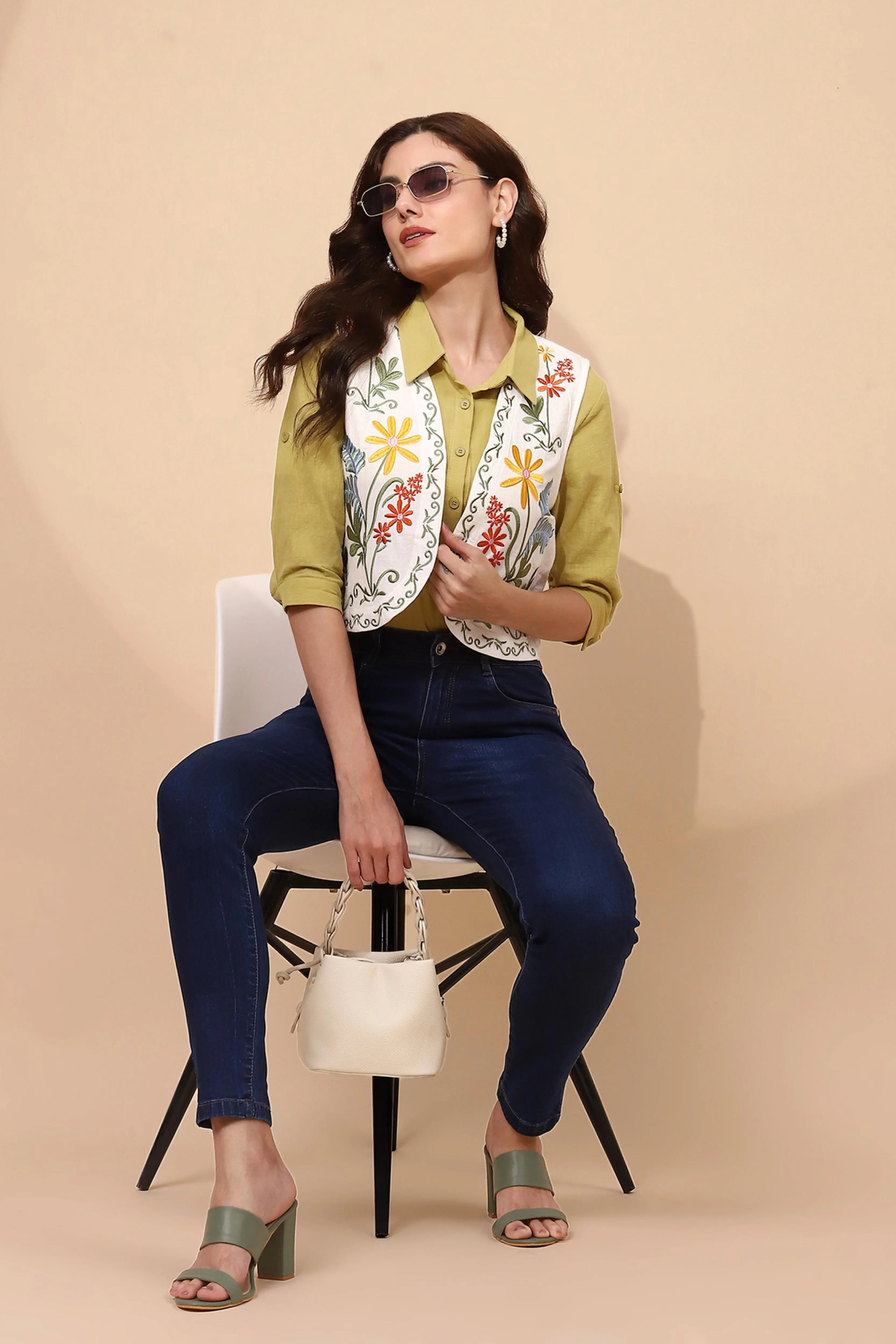 White Cotton Embroidered Waist Coat - Image 6