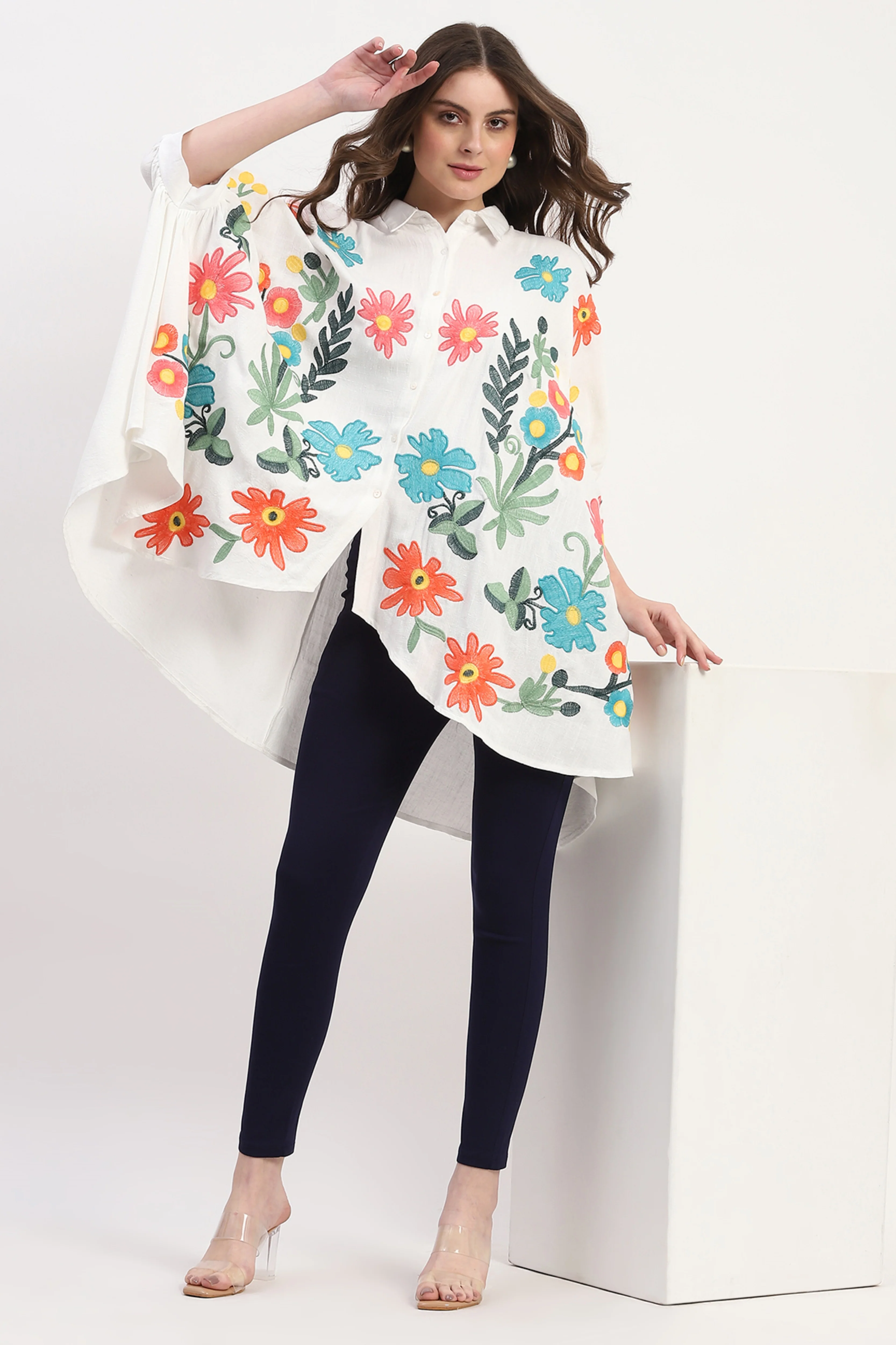 White Cotton Floral Embroidery Tunic - Image 2