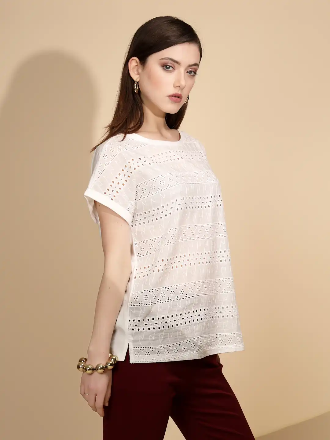 White Cotton Schiffli Panel Top - Image 11