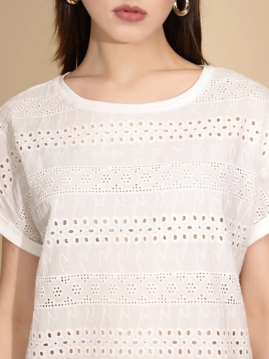 White Cotton Schiffli Panel Top - Image 12